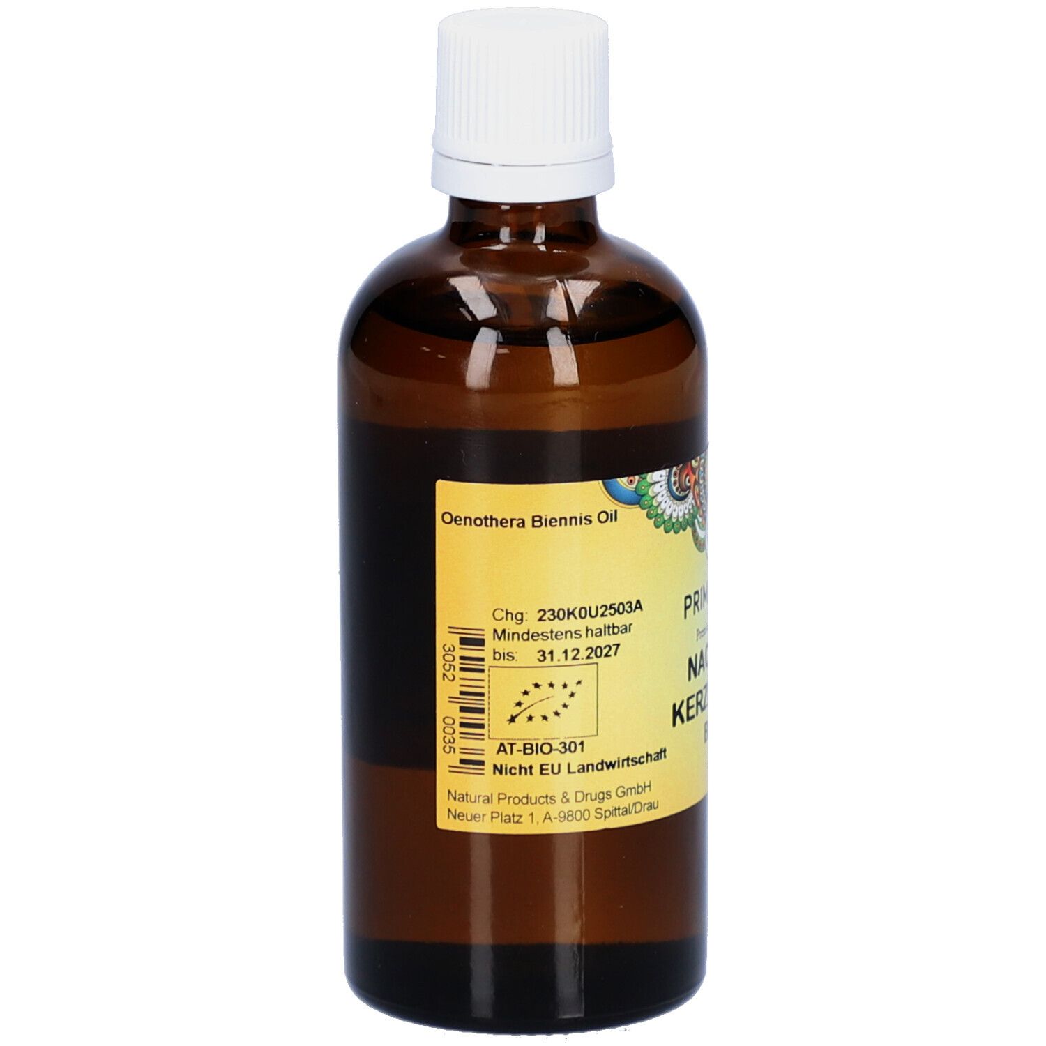 Braune Glasflasche mit weißem Deckel. Etikett mit Produktinformationen und Bio-Siegel. Mindestens haltbar bis 31.12.2027.