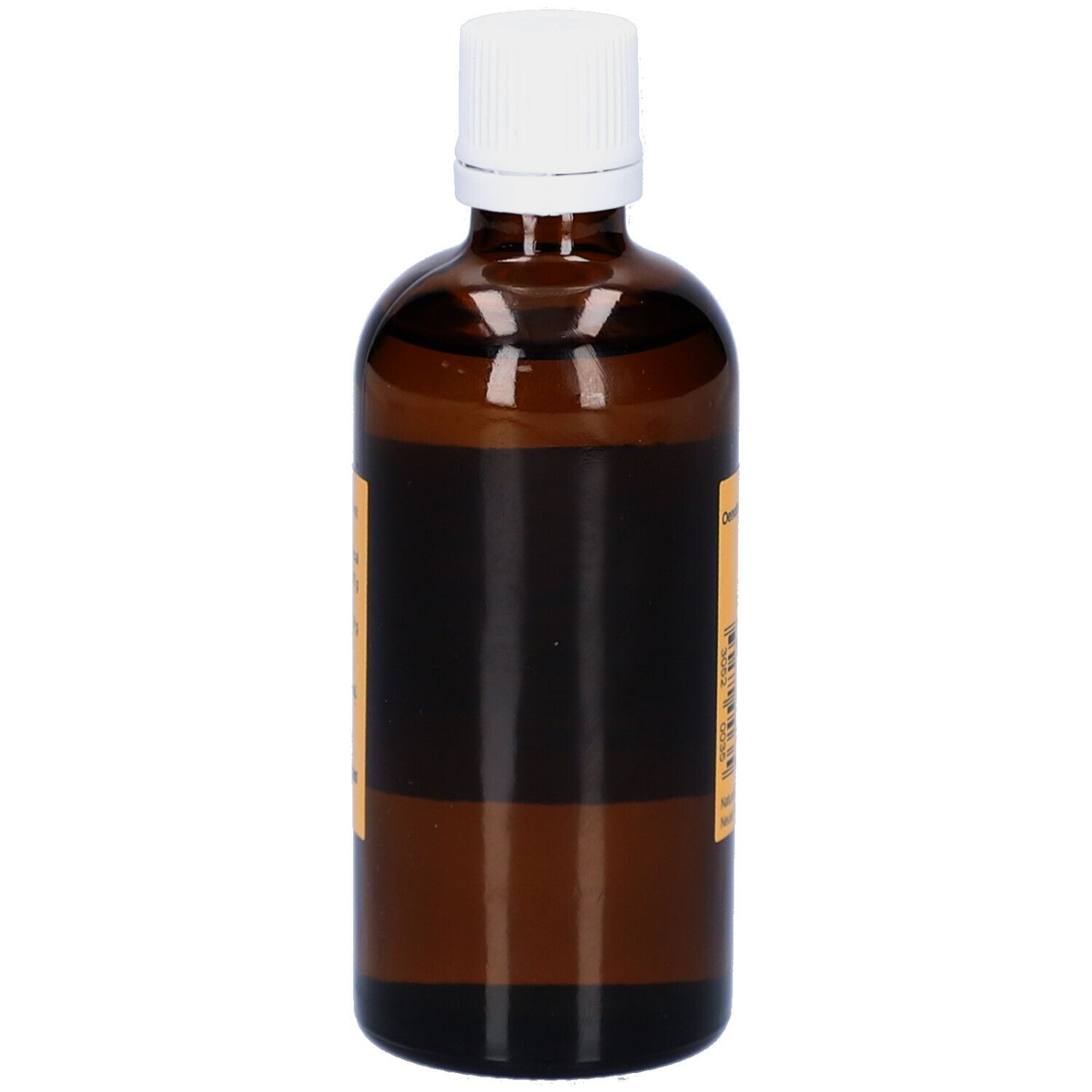 Braune Glasflasche mit weißem Deckel. Etikett mit Produktinformationen. Seitenansicht.