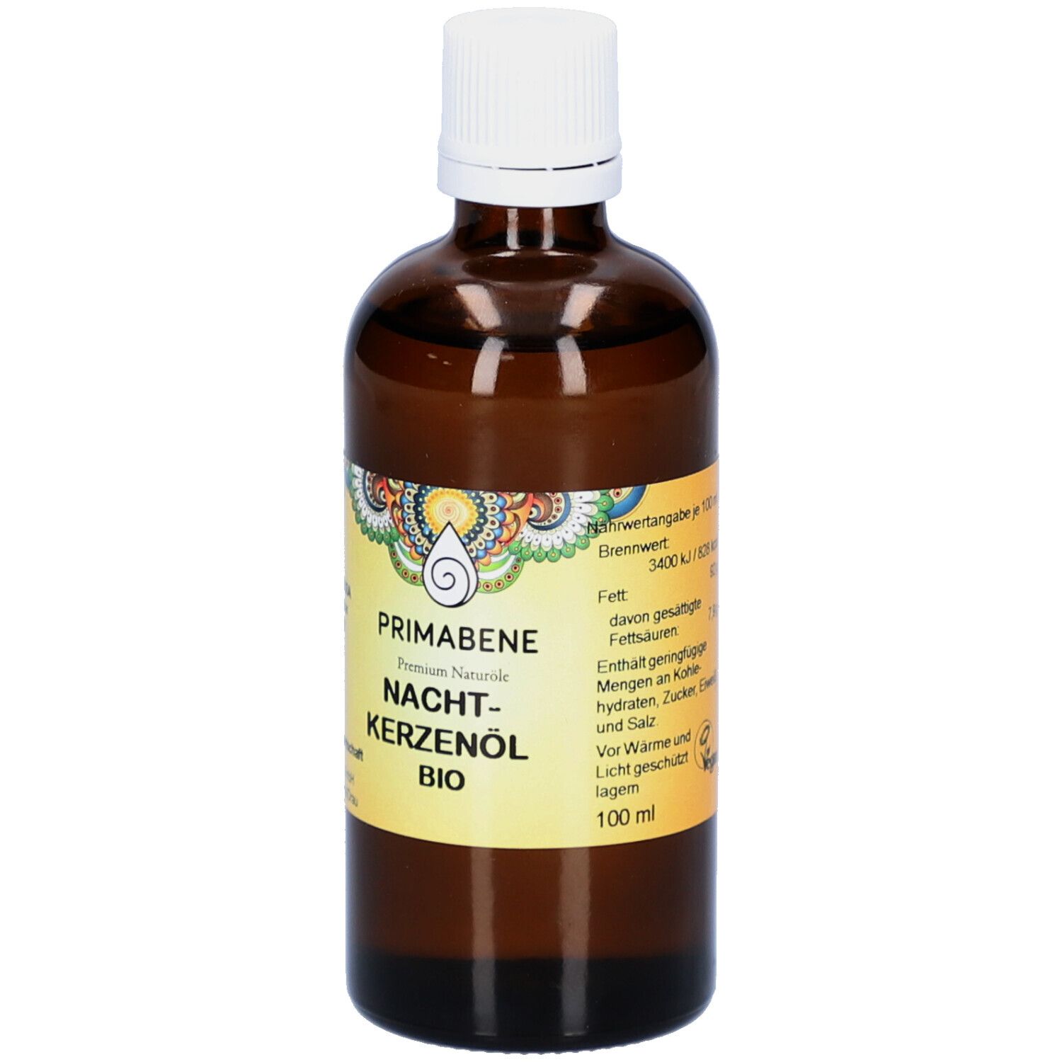 Braune Glasflasche mit weißem Deckel. Etikett mit Produktinformationen und Nährwertangaben.