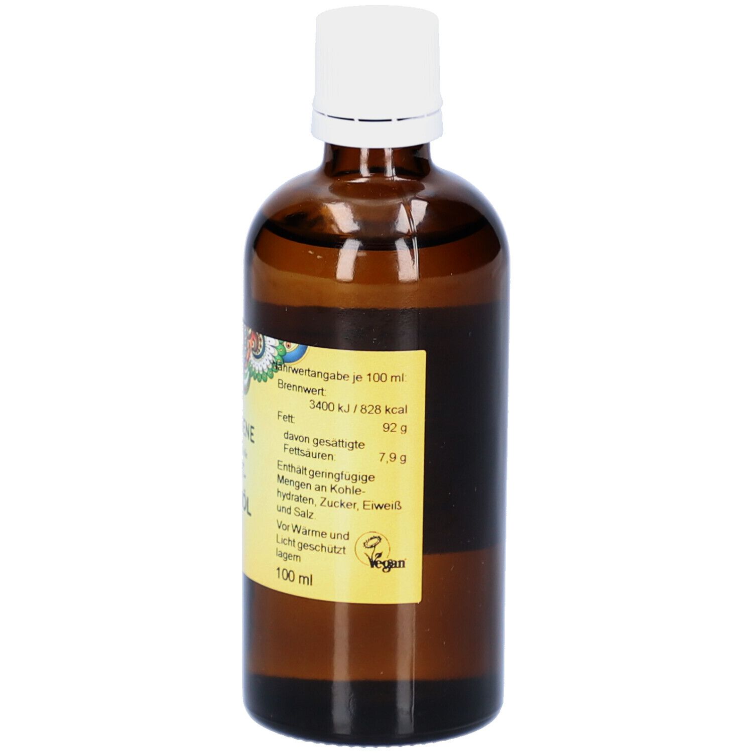 Braune Glasflasche mit weißem Deckel. Etikett mit Produktinformationen, Nährwertangaben und Vegan-Siegel.