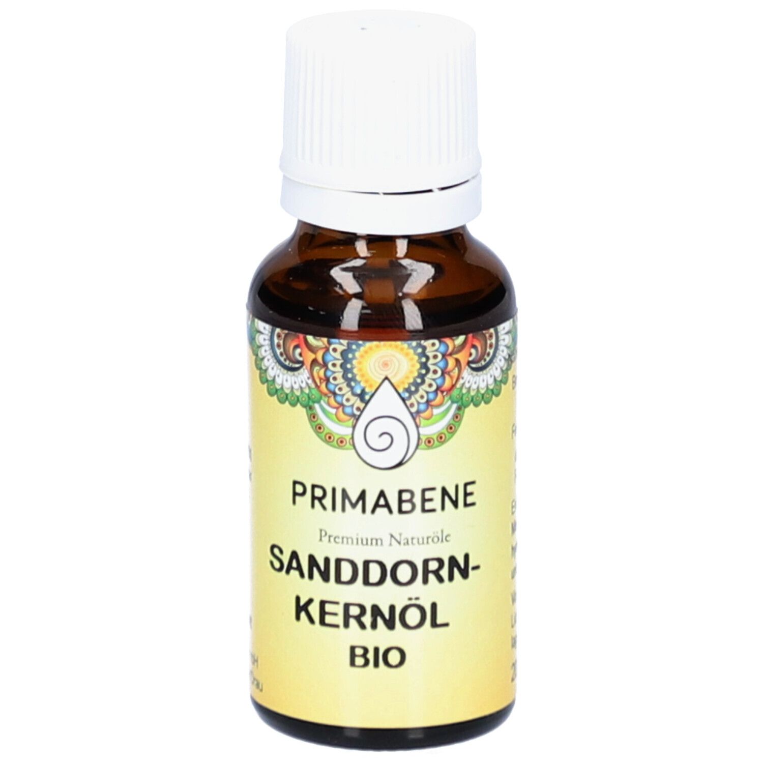 Braune Glasflasche mit weißem Deckel. Etikett mit Produktnamen und BIO-Siegel.