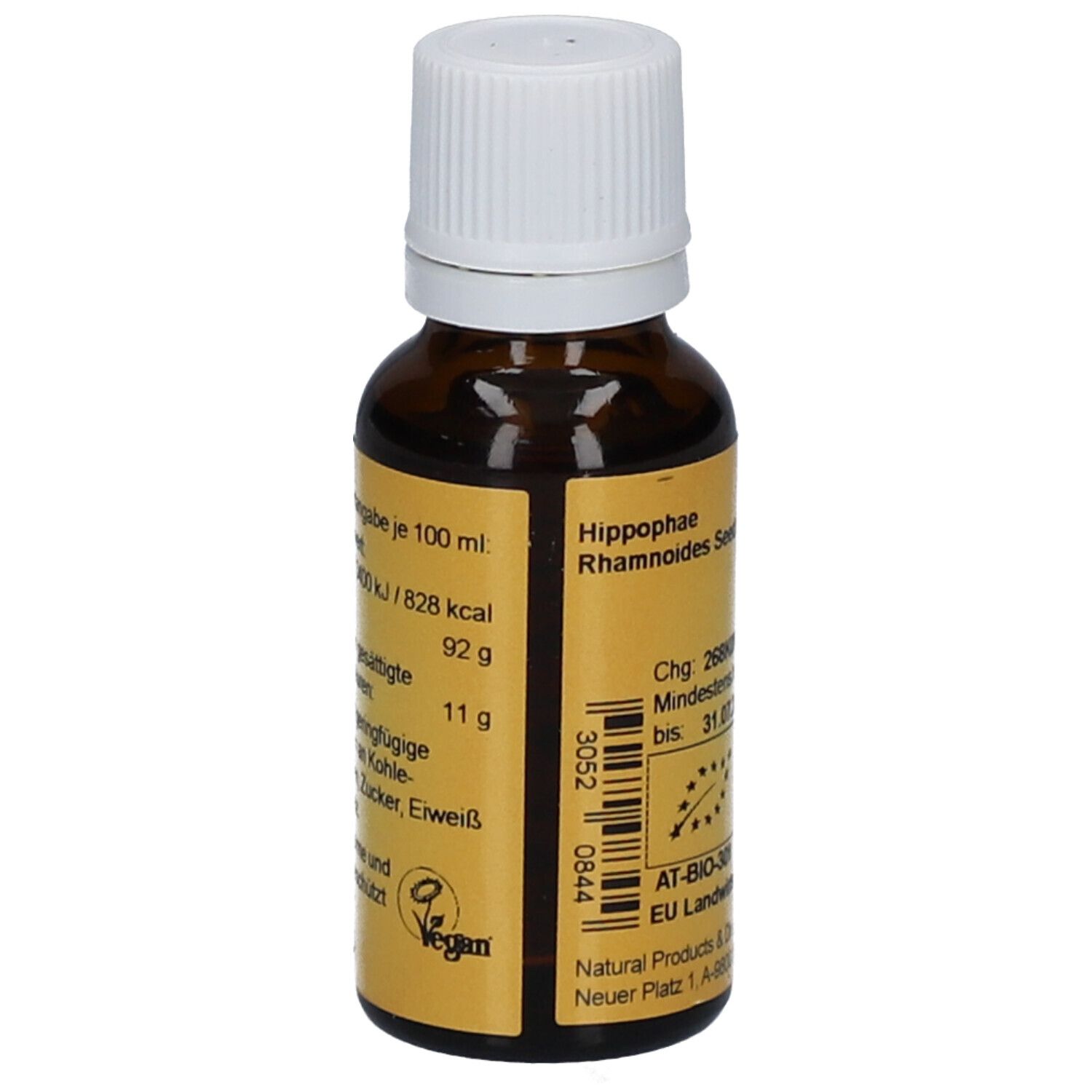 Braune Glasflasche mit weißem Deckel. Etikett mit Nährwertangaben und Vegan-Siegel.