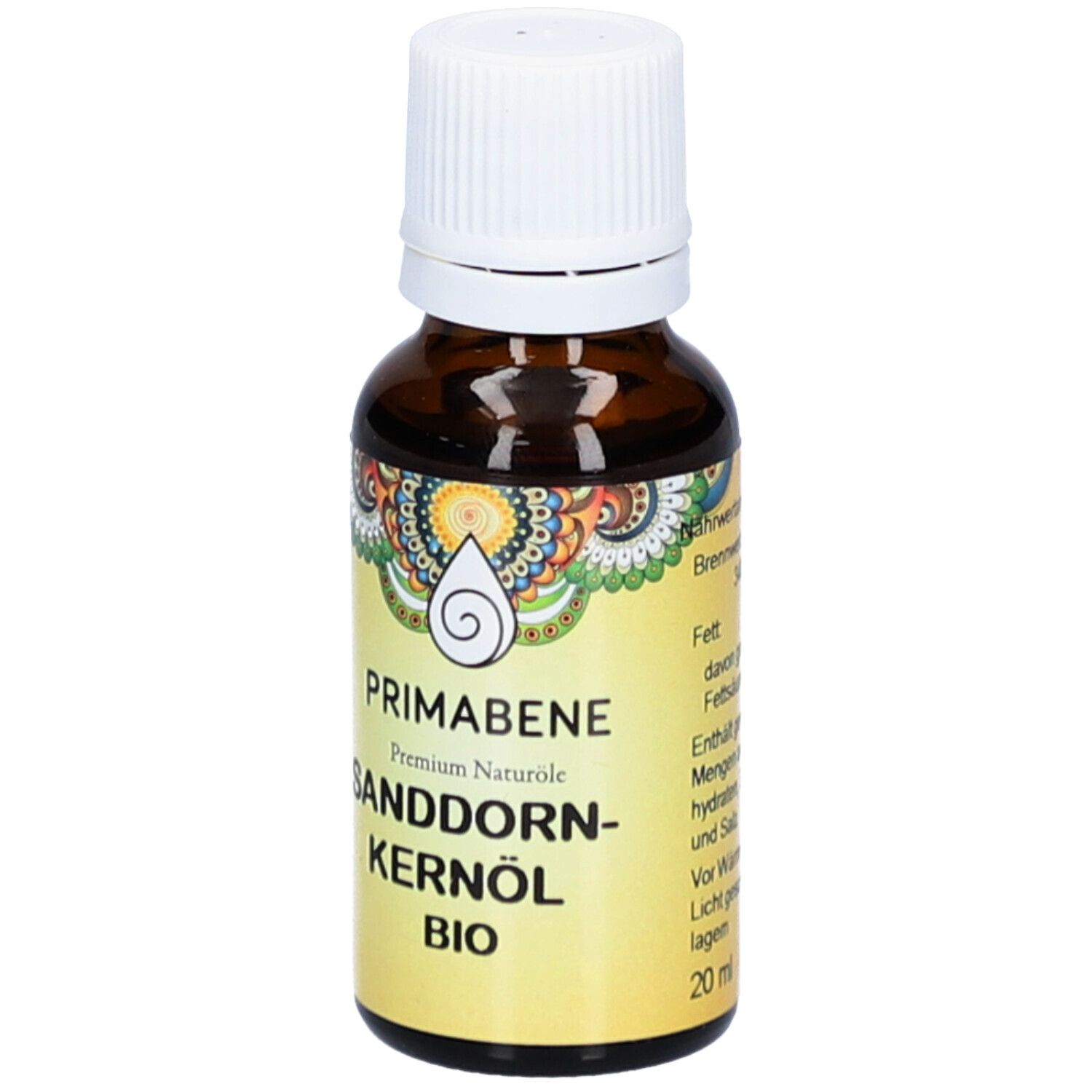 Braune Glasflasche mit weißem Deckel. Etikett mit Produktnamen, BIO-Siegel und Nährwertangaben.