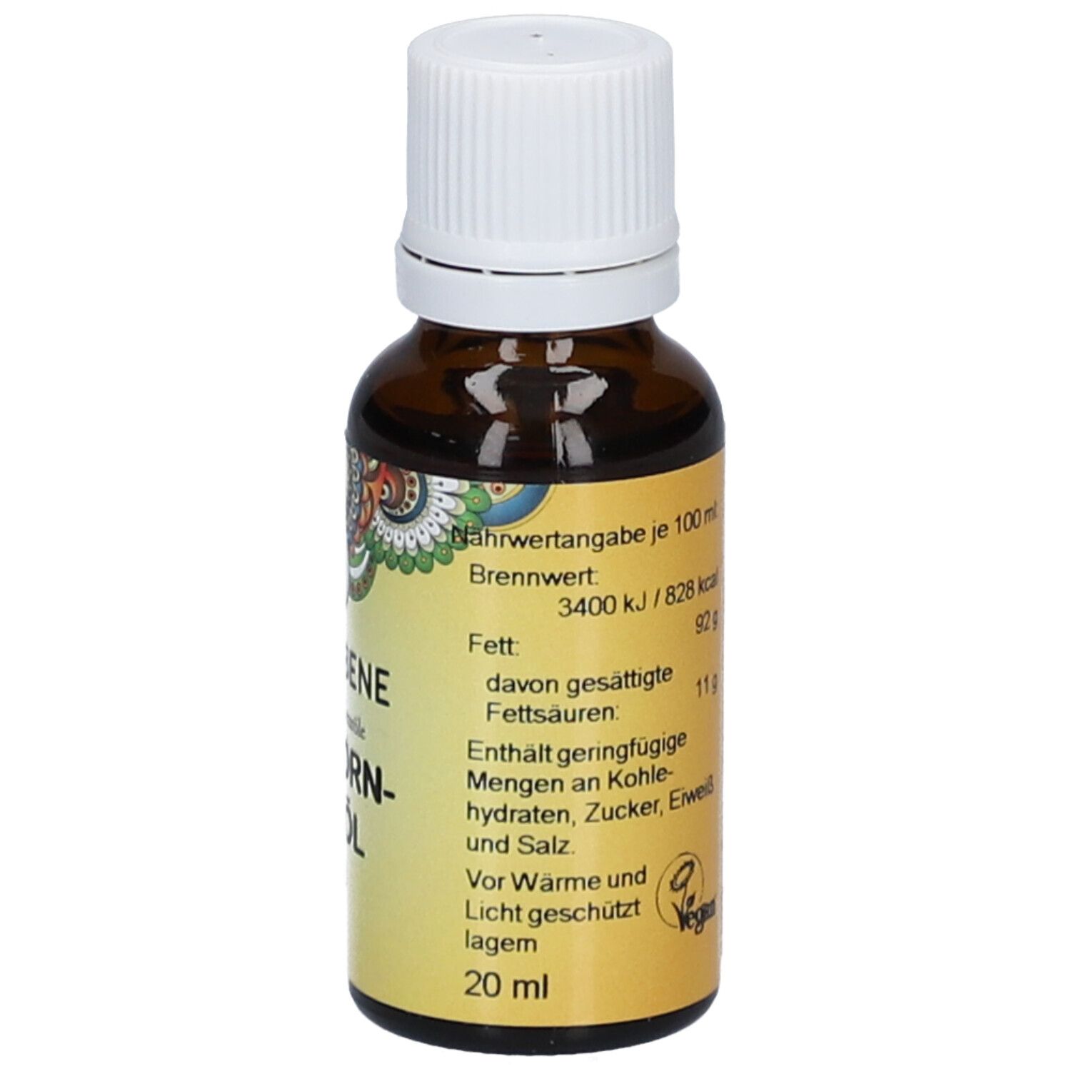 Braune Glasflasche mit weißem Deckel. Etikett mit Nährwertangaben und Vegan-Siegel.