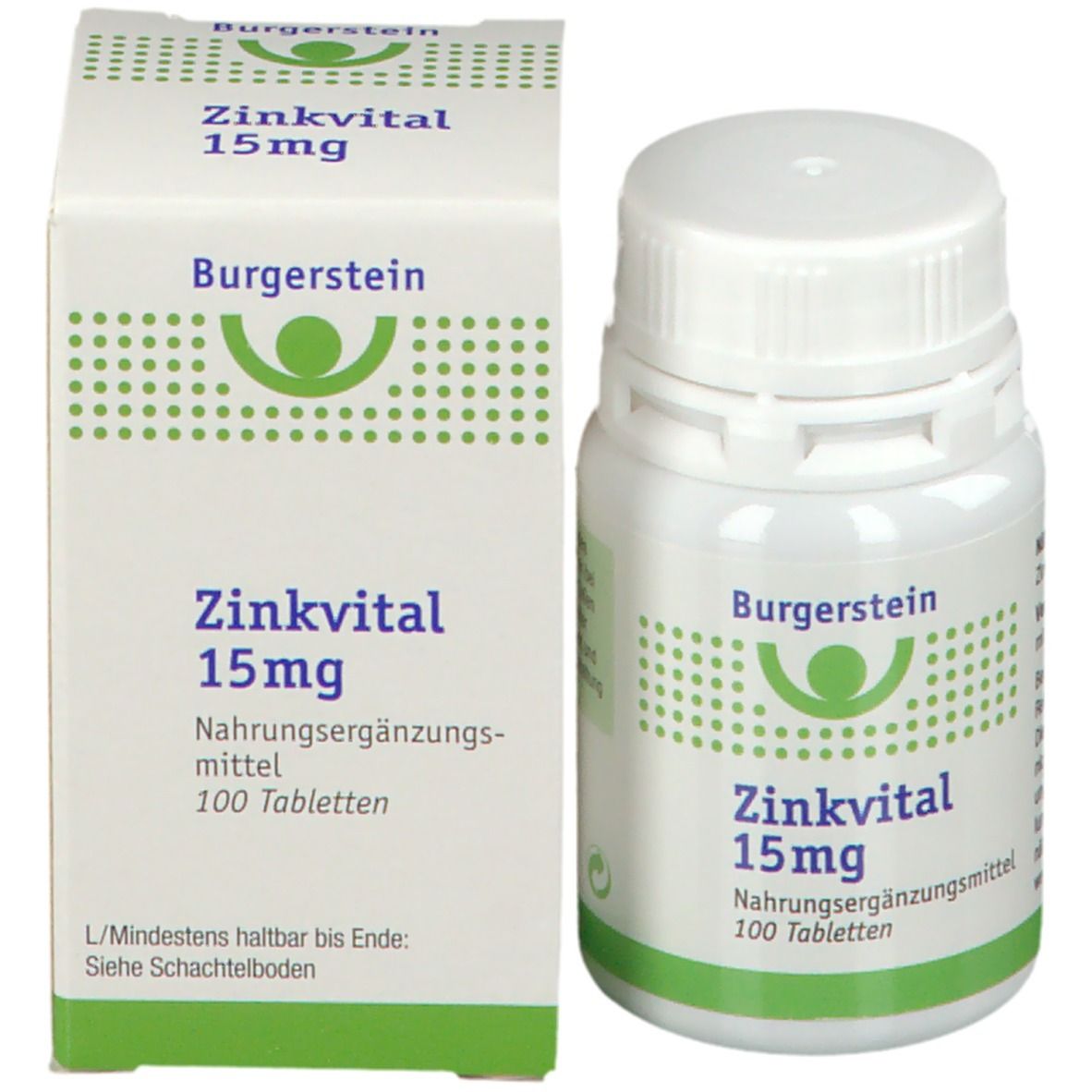 Produktverpackung und Flasche. Aufschrift: Burgerstein Zinkvital 15 mg. Nahrungsergänzungsmittel. 100 Tabletten.