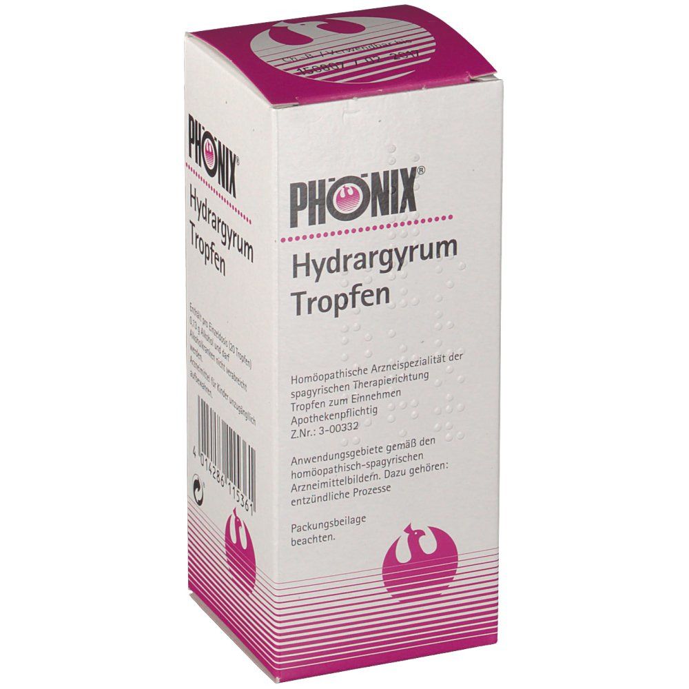 Verpackung von PHÖNIX® Hydrargyrum Tropfen. Weißer Karton mit rosa Akzenten und Produktnamen. Enthält Informationen zur Anwendung und Hersteller.