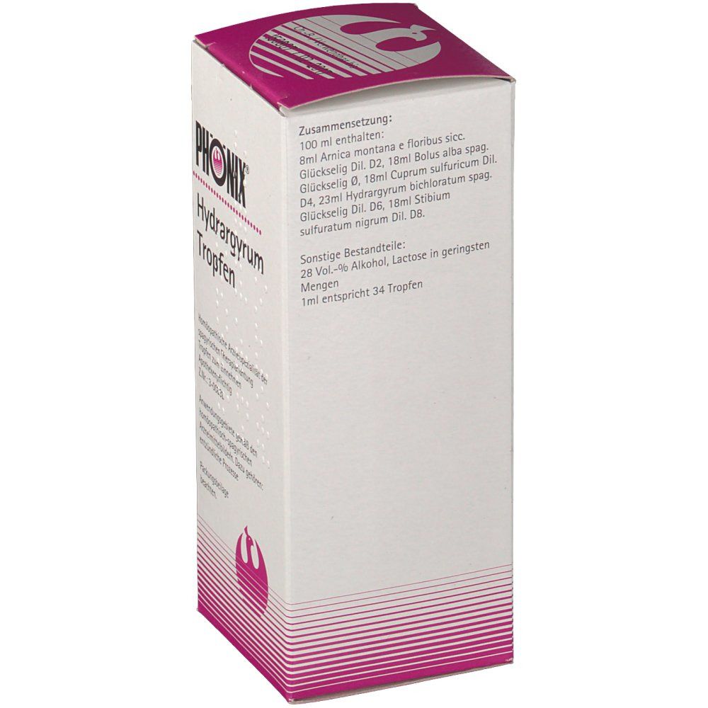 Seitenansicht der Verpackung von PHÖNIX® Hydrargyrum Tropfen. Enthält Informationen zur Zusammensetzung und Inhaltsstoffen. Text in deutscher Sprache.