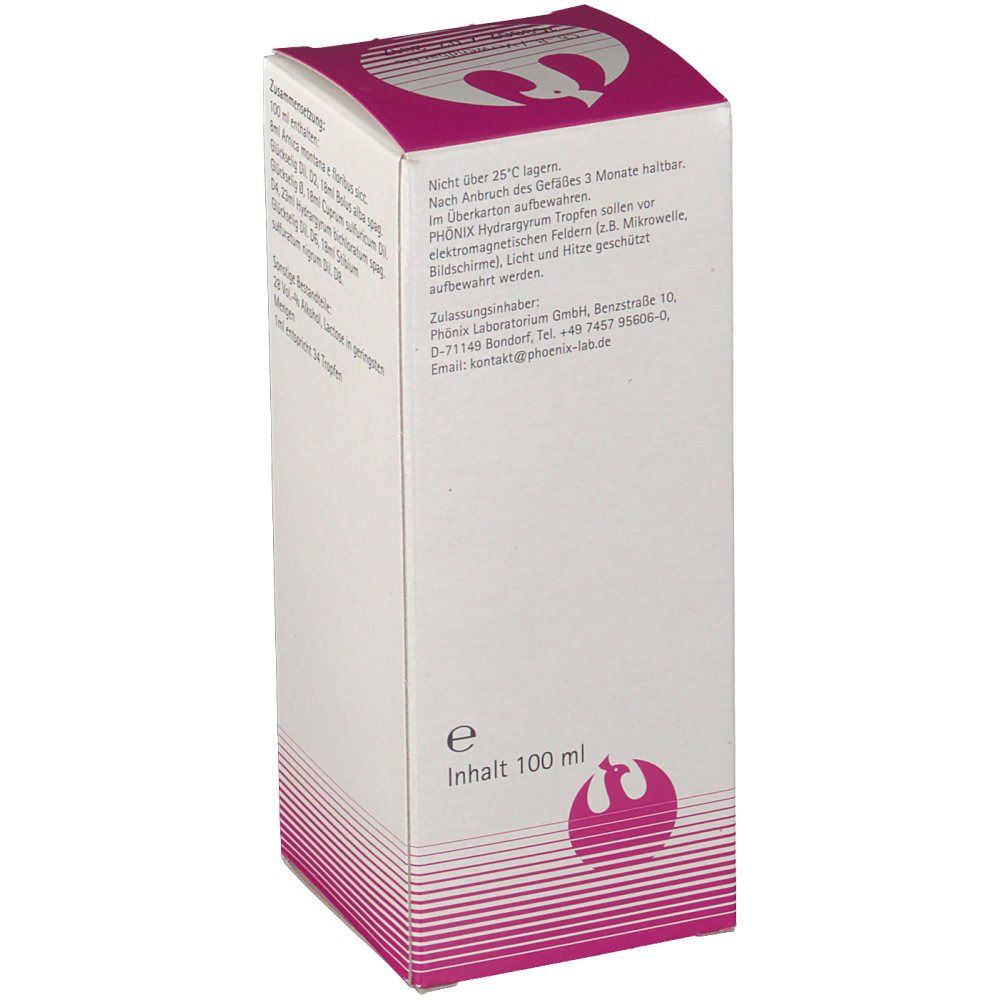 Rückseite der Verpackung von PHÖNIX® Hydrargyrum Tropfen. Enthält Informationen zur Lagerung und Herstellerkontakt. Inhalt: 100 ml.