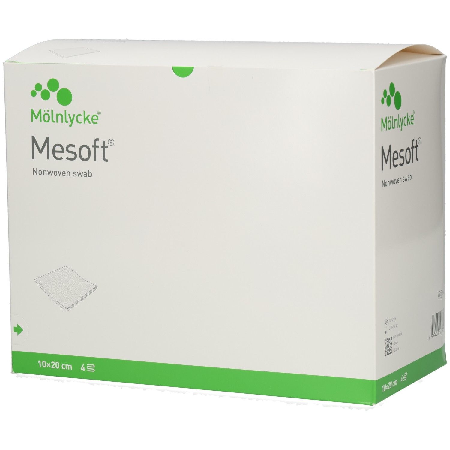 Mesoft® Kompressen aus Vliesstoff, 10x20 cm, steril. Weiße Verpackung mit grünem Logo und Schriftzug.