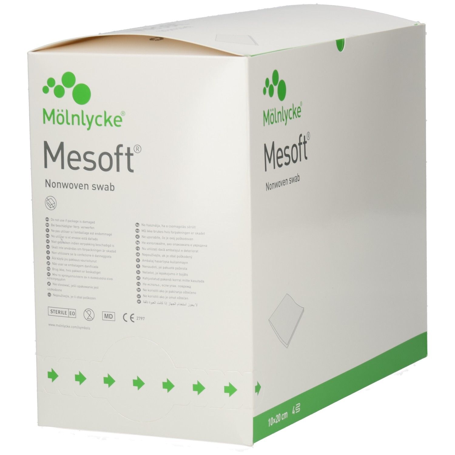 Mesoft® Kompressen, 10x20 cm, steril. Weiße Verpackung mit grünem Logo und Text. Rückseite mit Text.