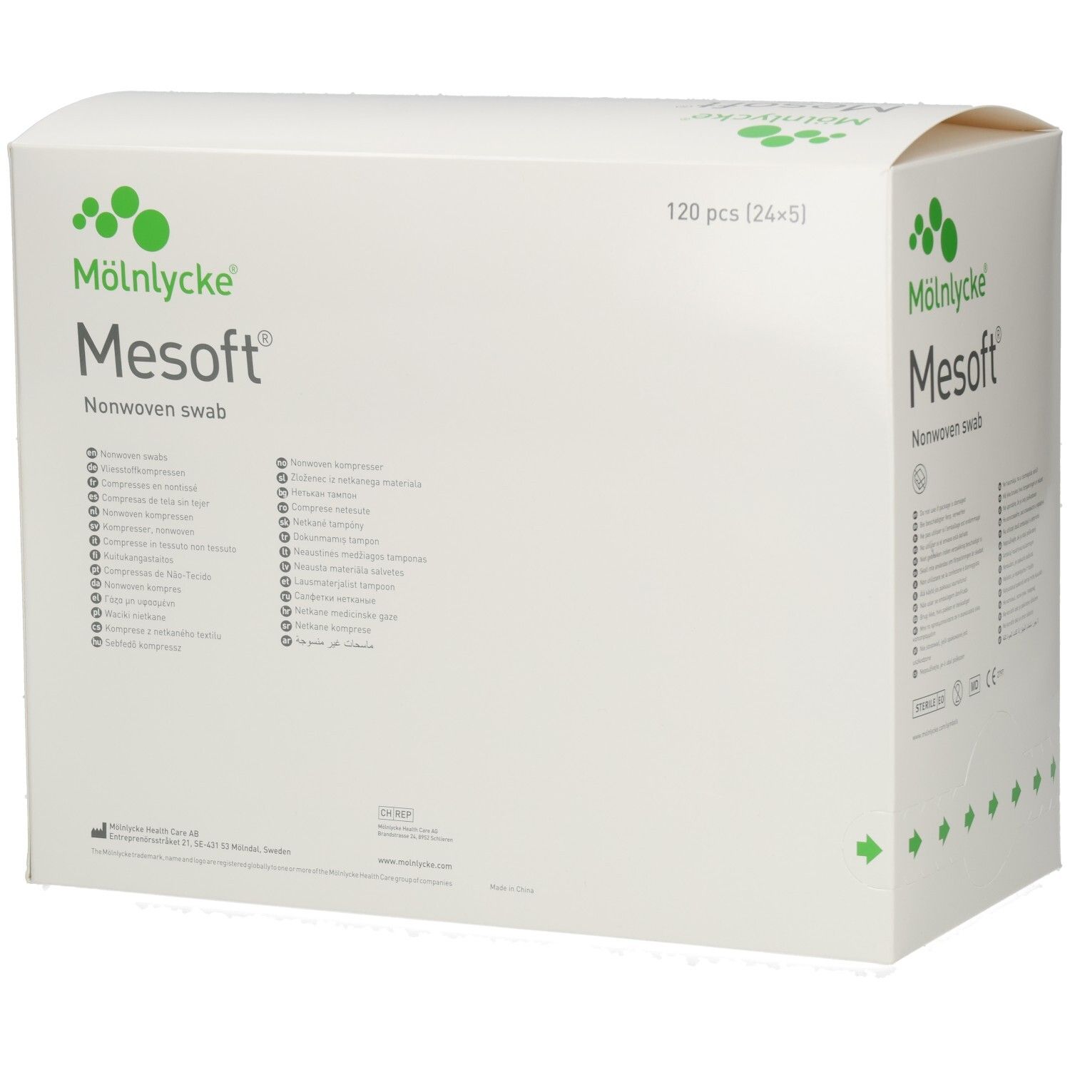 Mesoft® Kompressen, 120 Stück. Weiße Verpackung mit grünem Logo und Text. Rückseite mit Text.