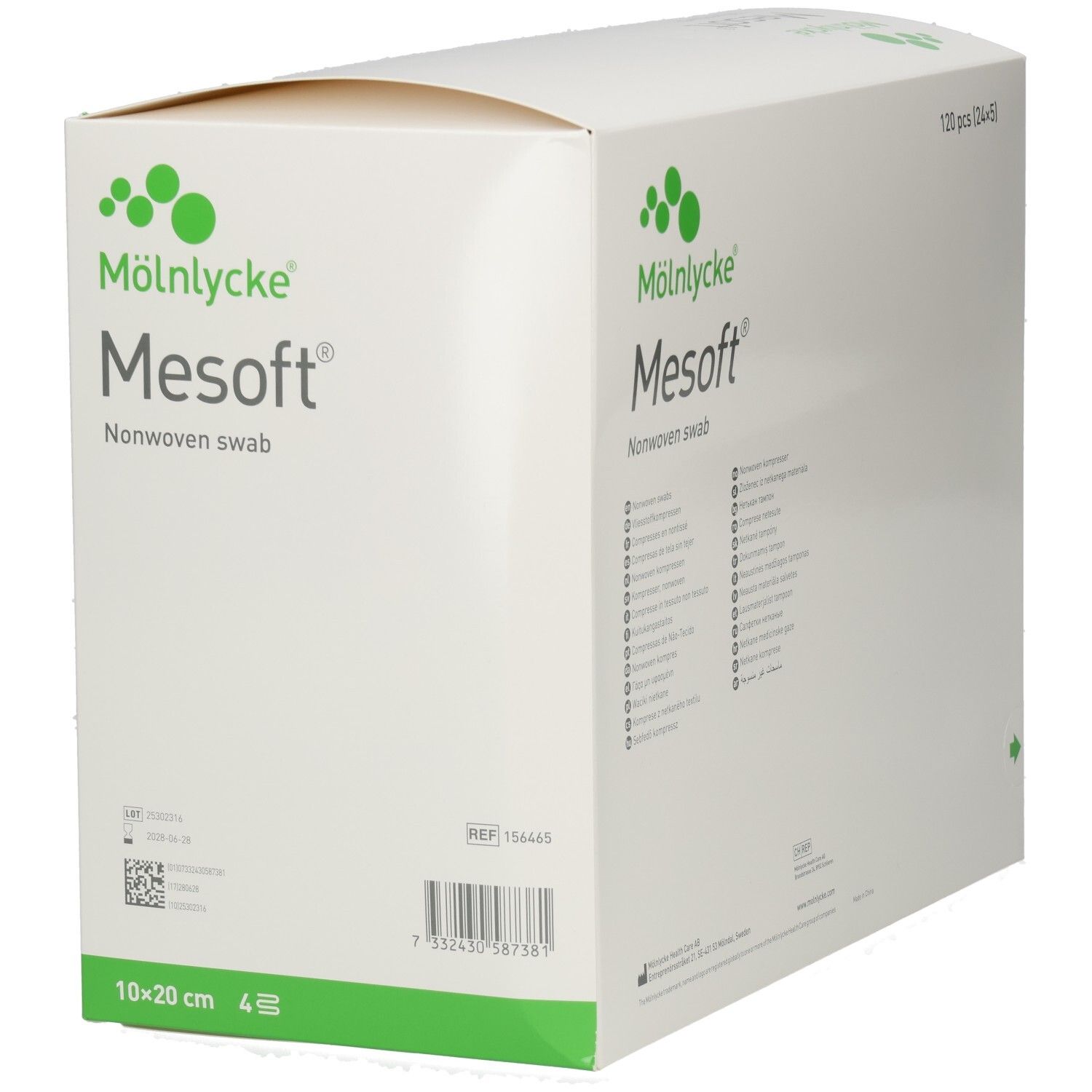 Mesoft® Kompressen, 10x20 cm, steril. Weiße Verpackung mit grünem Logo und Text. Rückseite mit Text.