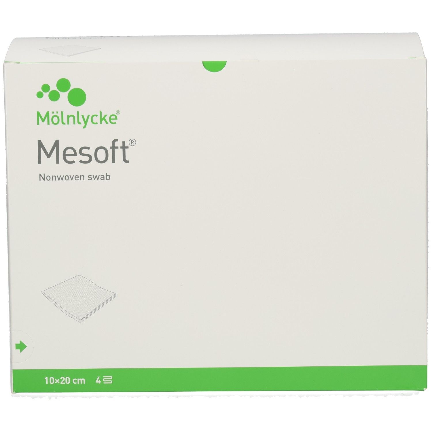 Mesoft® Kompressen, 10x20 cm, steril. Weiße Verpackung mit grünem Logo und Text.