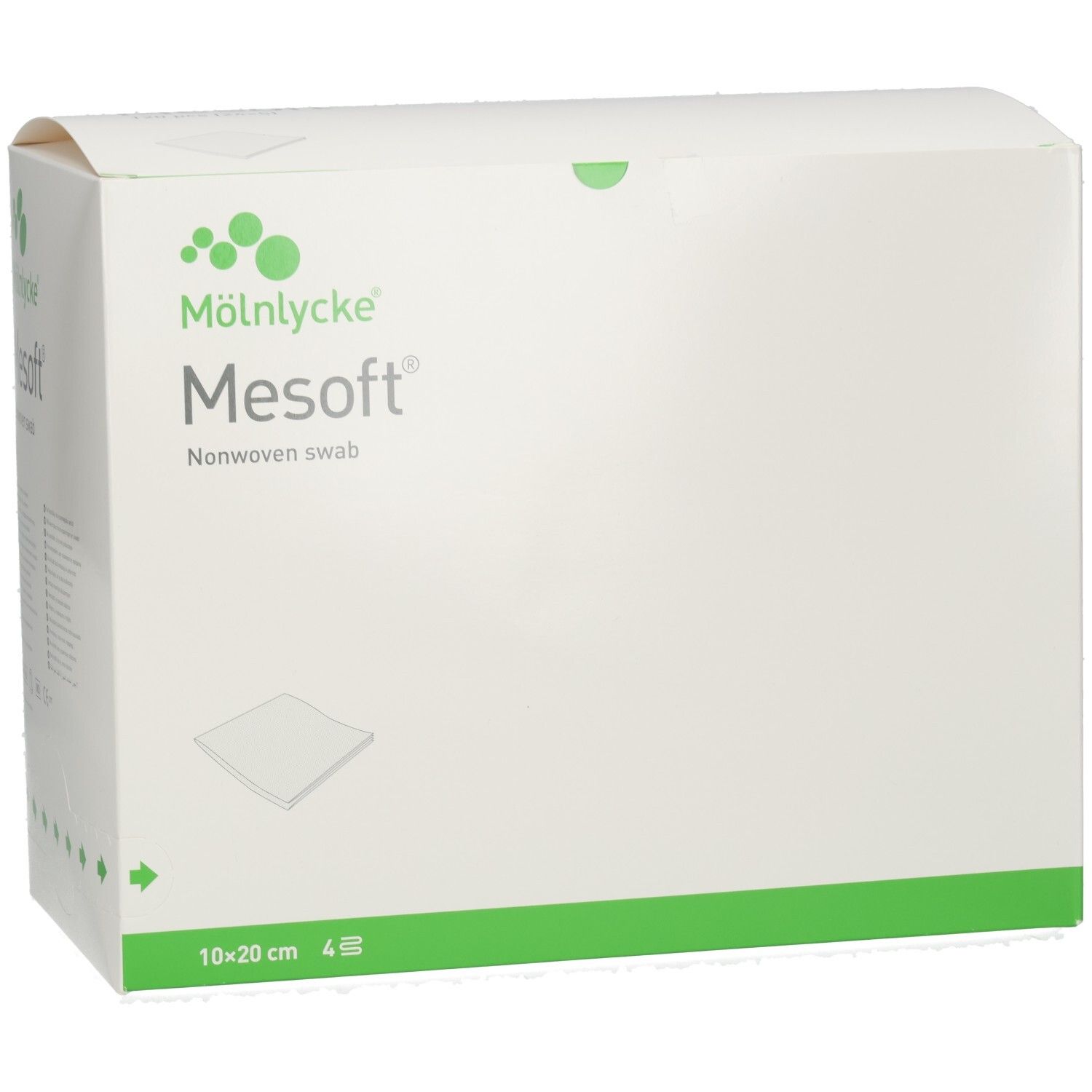 Mesoft® Kompressen, 10x20 cm, steril. Weiße Verpackung mit grünem Logo und Text.