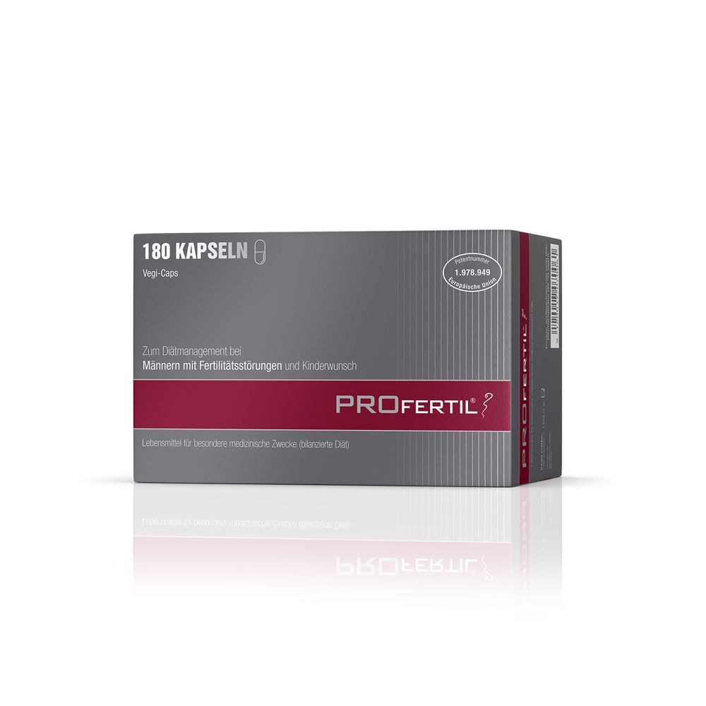 PROFERTIL®-Packung mit 180 Kapseln. Graue Schachtel mit rotem Streifen und Produktnamen. Enthält Informationen zur Anwendung.