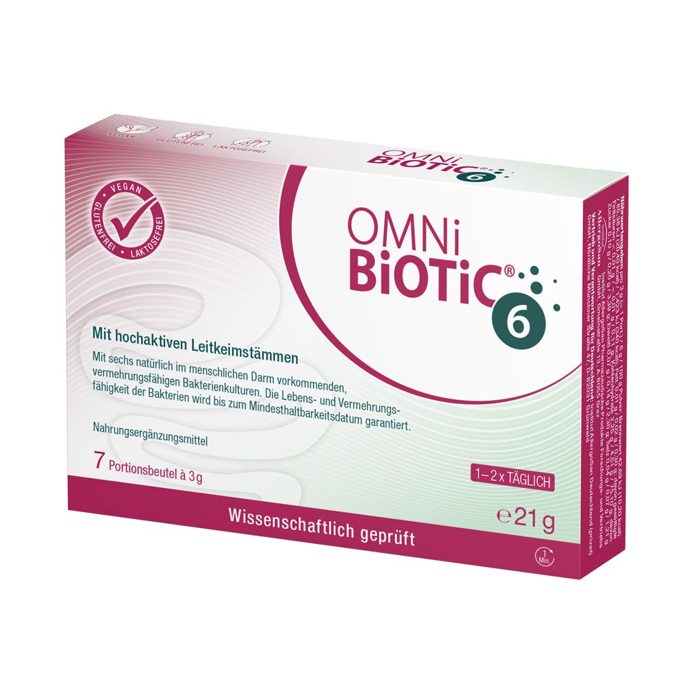OMNi BiOTiC® 6 Packung, Vorderseite mit Siegeln für vegan, glutenfrei, laktosefrei.