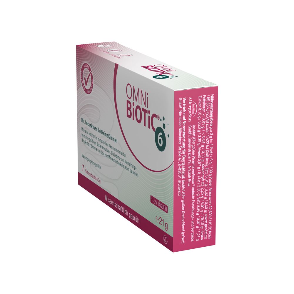 OMNi BiOTiC® 6 Packung, Seitenansicht mit Nährwertangaben und Inhaltsstoffen.