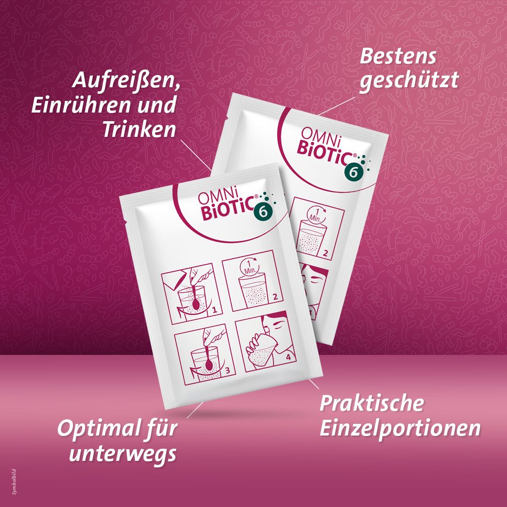 Zwei Einzelportionen OMNi BiOTiC® 6 mit Anleitungsbildern für die Zubereitung.