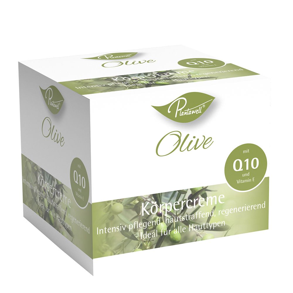 Weißer Karton mit Plantawell Olive Körpercreme. Text: Q10 und Vitamin E. Grün-weiße Verpackung mit Olivenzweig.