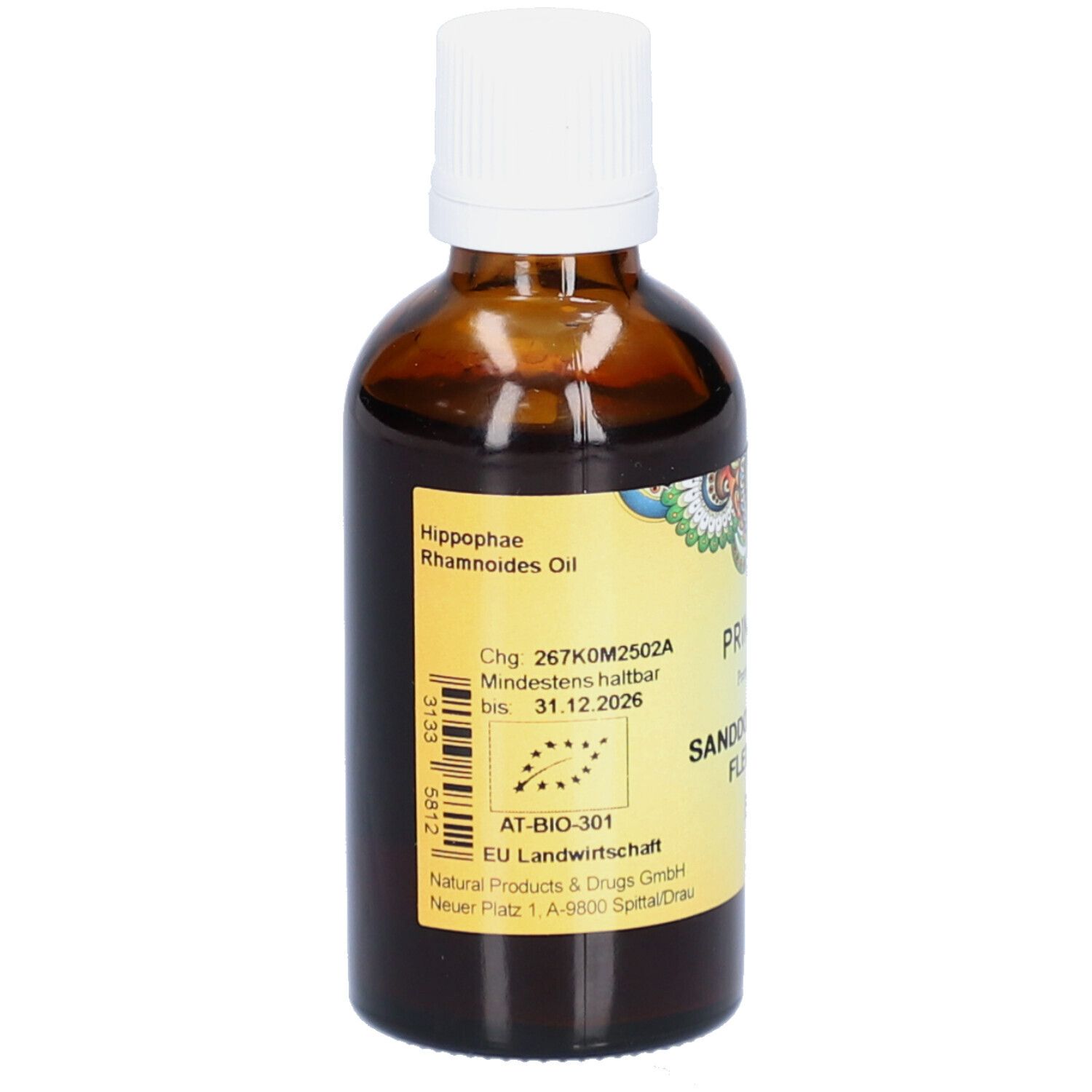 Braune Glasflasche mit weißem Deckel. Rückseitenetikett mit Produktinformationen und Bio-Siegel.