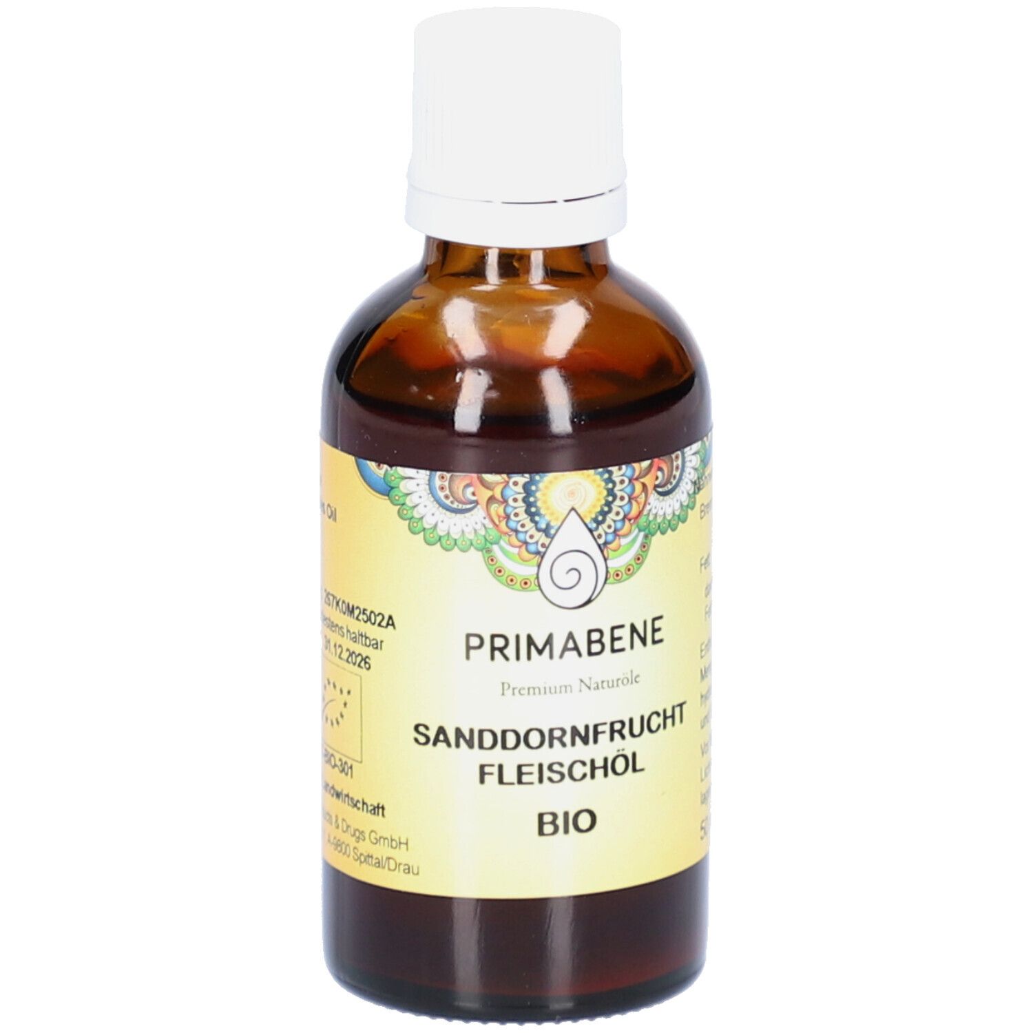 Braune Glasflasche mit weißem Deckel. Etikett mit Produktnamen und Logo. BIO-Zertifizierung.