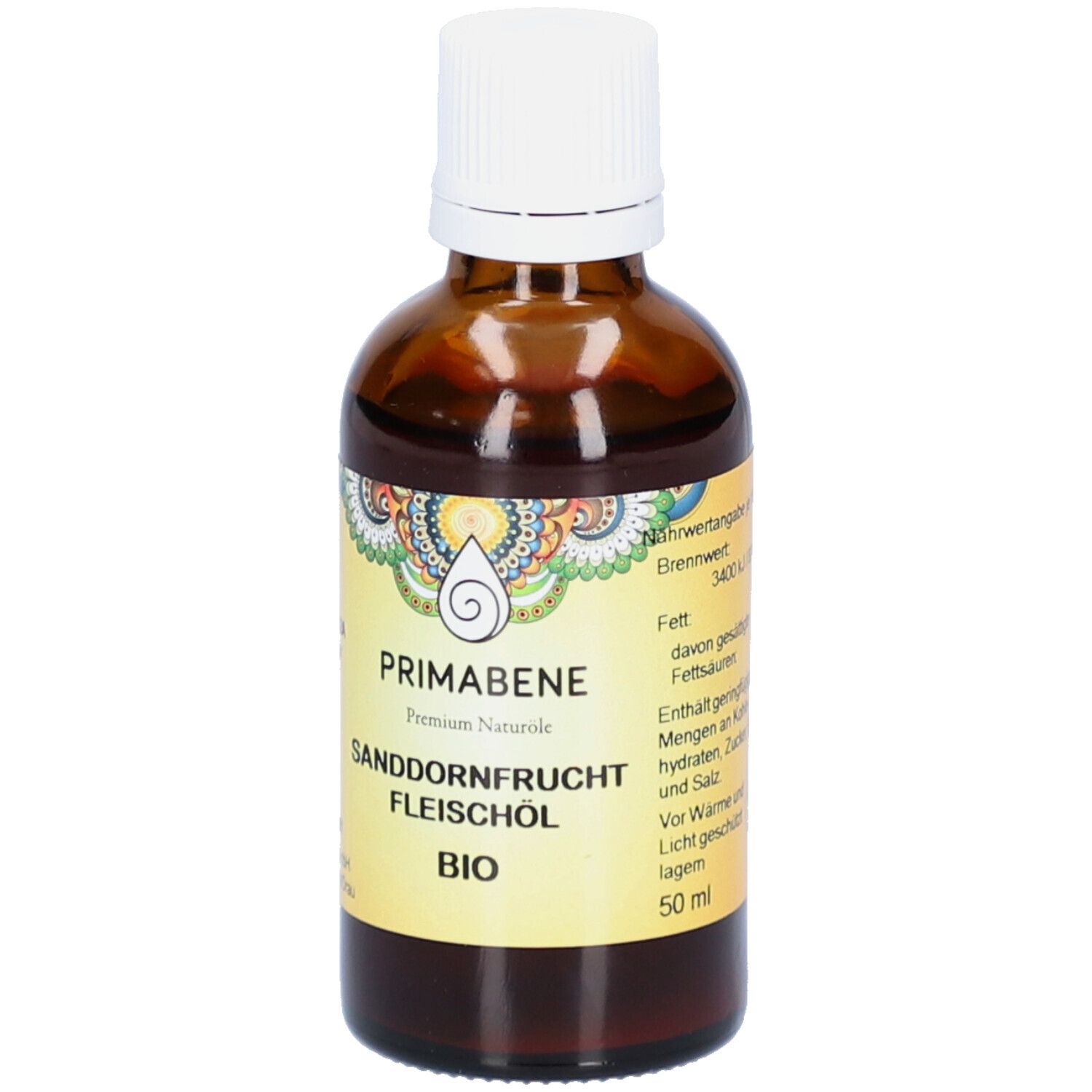 Braune Glasflasche mit weißem Deckel. Etikett mit Produktnamen, Logo und Nährwertangaben.