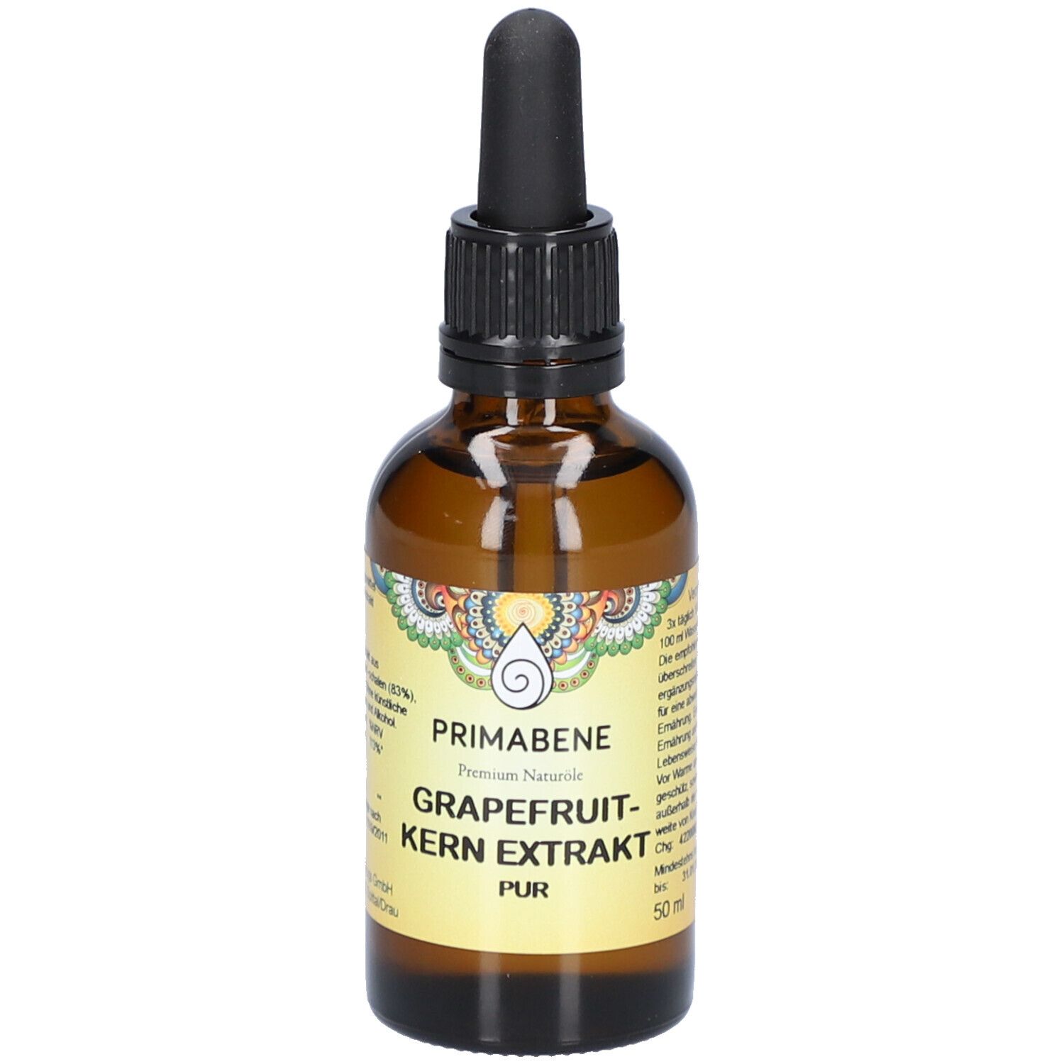 Braune Glasflasche mit schwarzem Deckel und Pipette. Etikett mit Produktnamen und Marke PRIMABENE. Tropfenflasche.