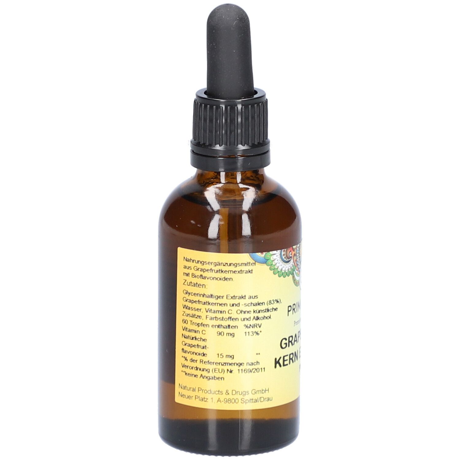 Braune Glasflasche mit Etikett. Enthält Informationen zu Inhaltsstoffen und Nährwerten. Tropfenflasche.