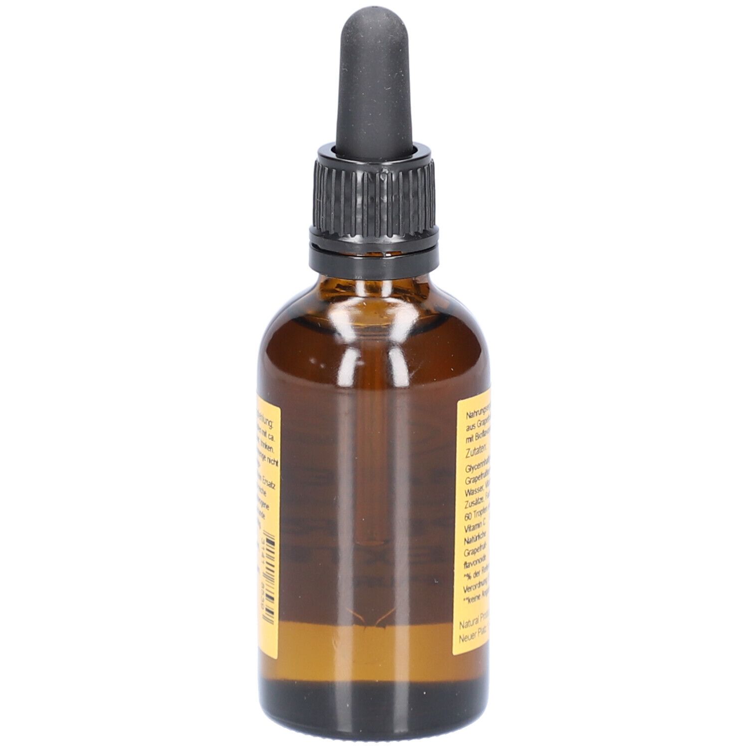 Braune Glasflasche mit schwarzem Deckel und Pipette. Rückseite mit Text. Tropfenflasche.