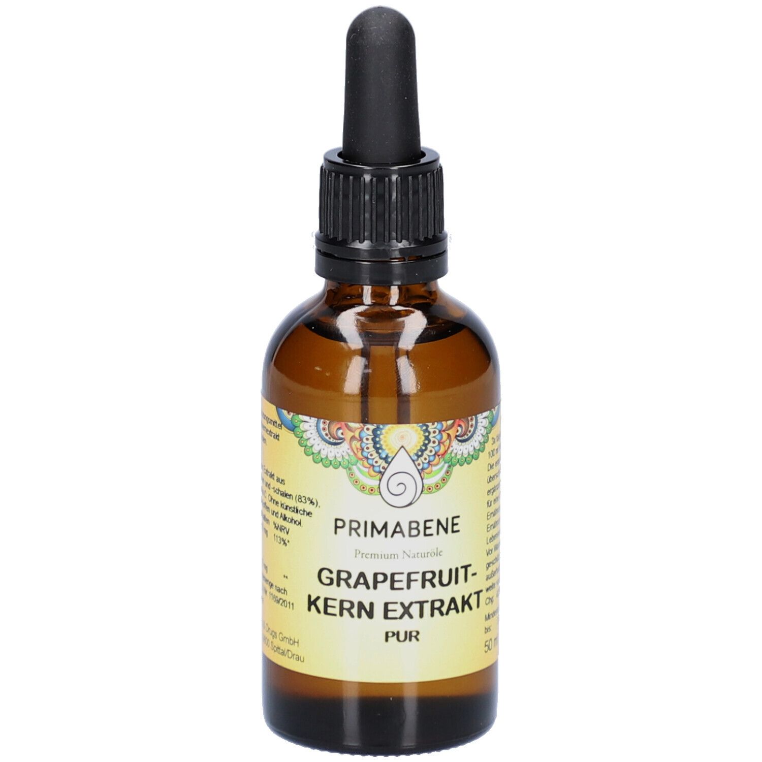 Braune Glasflasche mit schwarzem Deckel und Pipette. Etikett mit Produktnamen und Marke PRIMABENE. Tropfenflasche.