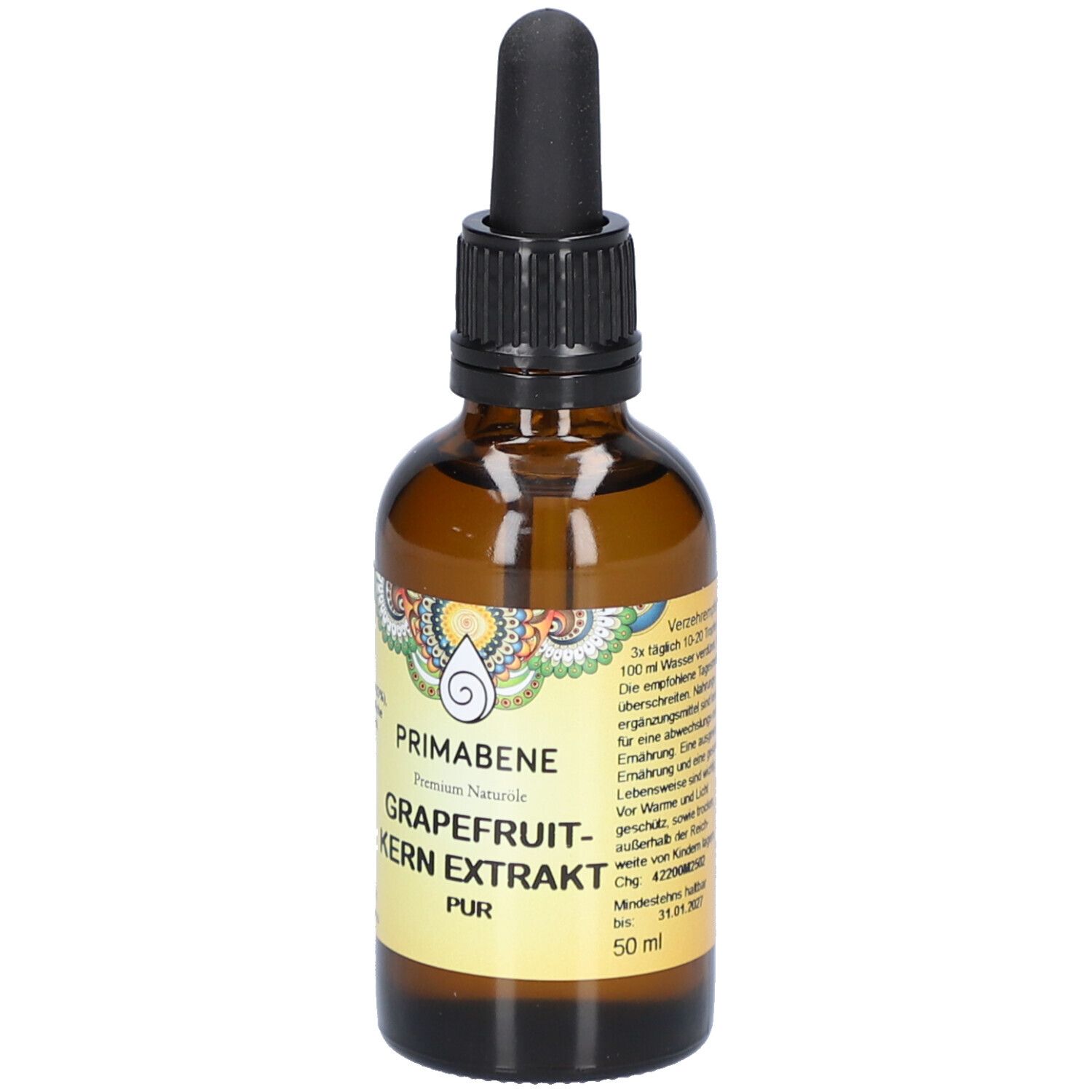 Braune Glasflasche mit schwarzem Deckel und Pipette. Etikett mit Produktnamen, Marke PRIMABENE und Volumen 50 ml. Tropfenflasche.