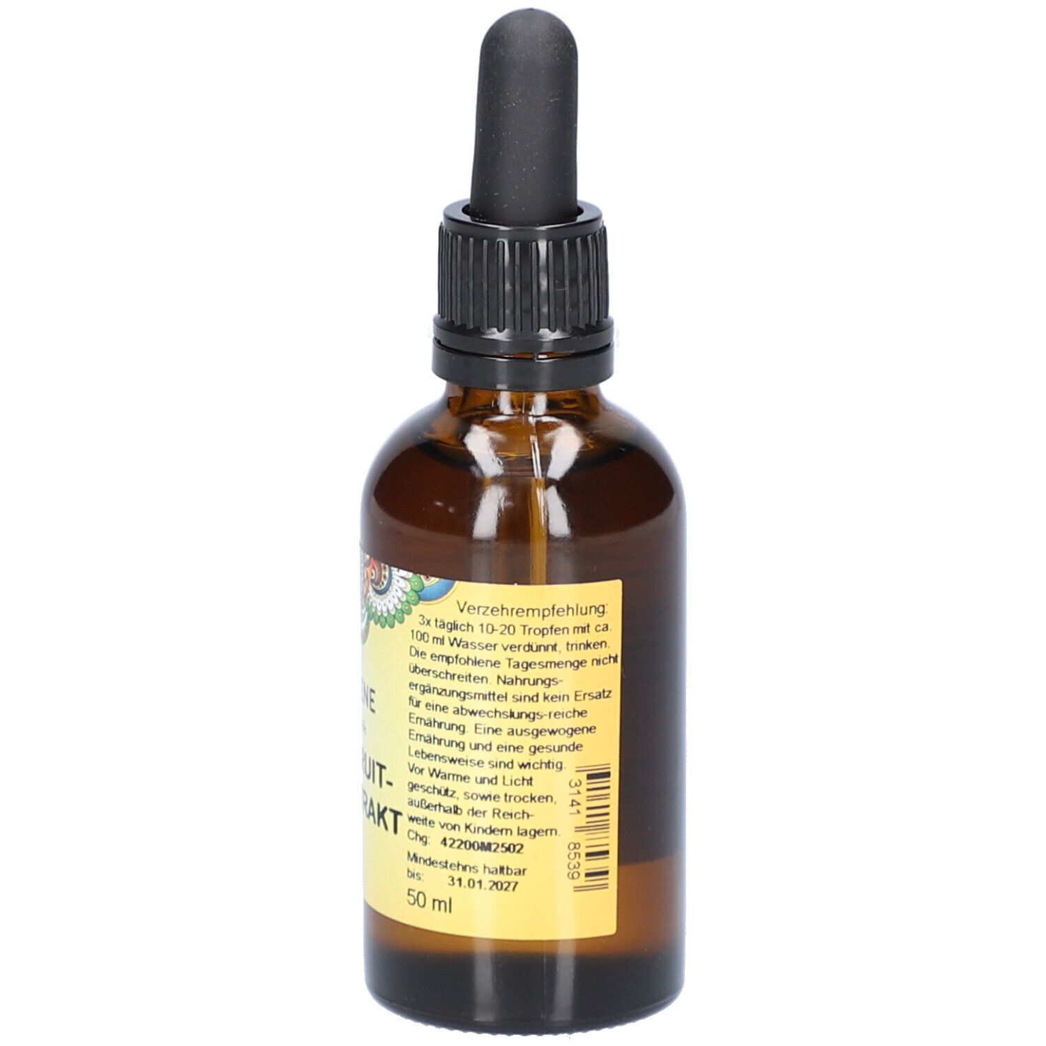 Braune Glasflasche mit schwarzem Deckel und Pipette. Etikett mit Produktnamen, Marke PRIMABENE und Dosierungsempfehlung. Tropfenflasche.
