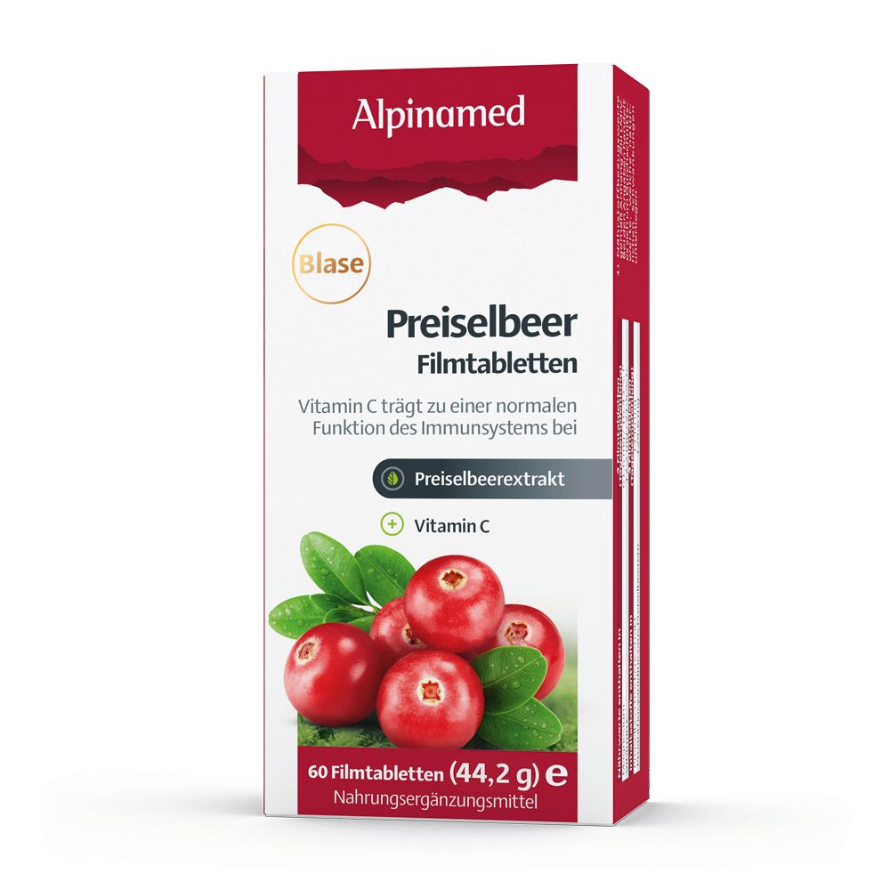 Alpinamed Preiselbeer-Filmtabletten Packung. Rote Tabletten, Cranberry-Abbildung. 60 Tabletten, 44,2 g. Nahrungsergänzungsmittel.