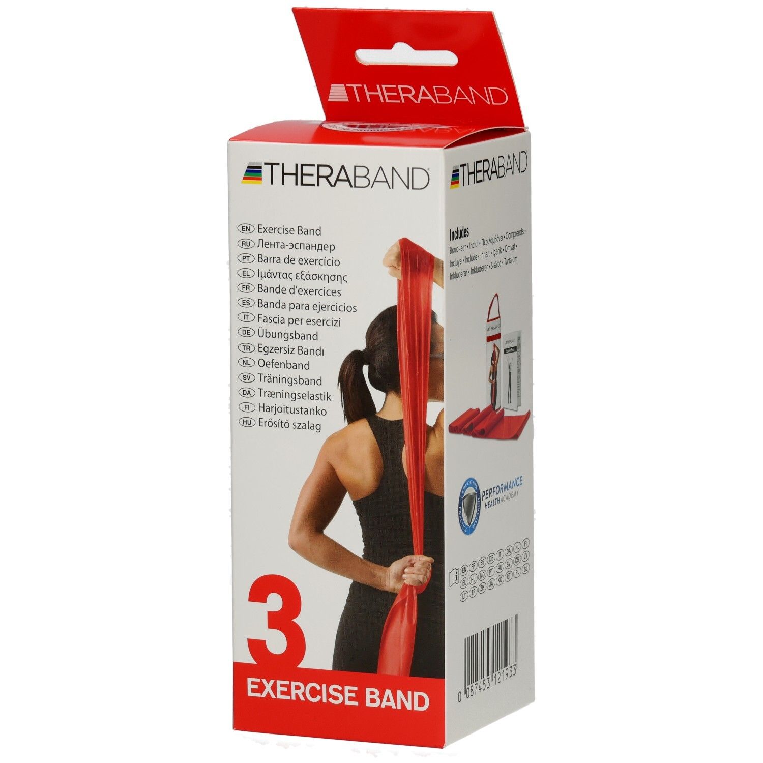 Verpackung mit rotem Theraband. Aufdruck: Exercise Band, 3. Frau mit Band. Logo Theraband.