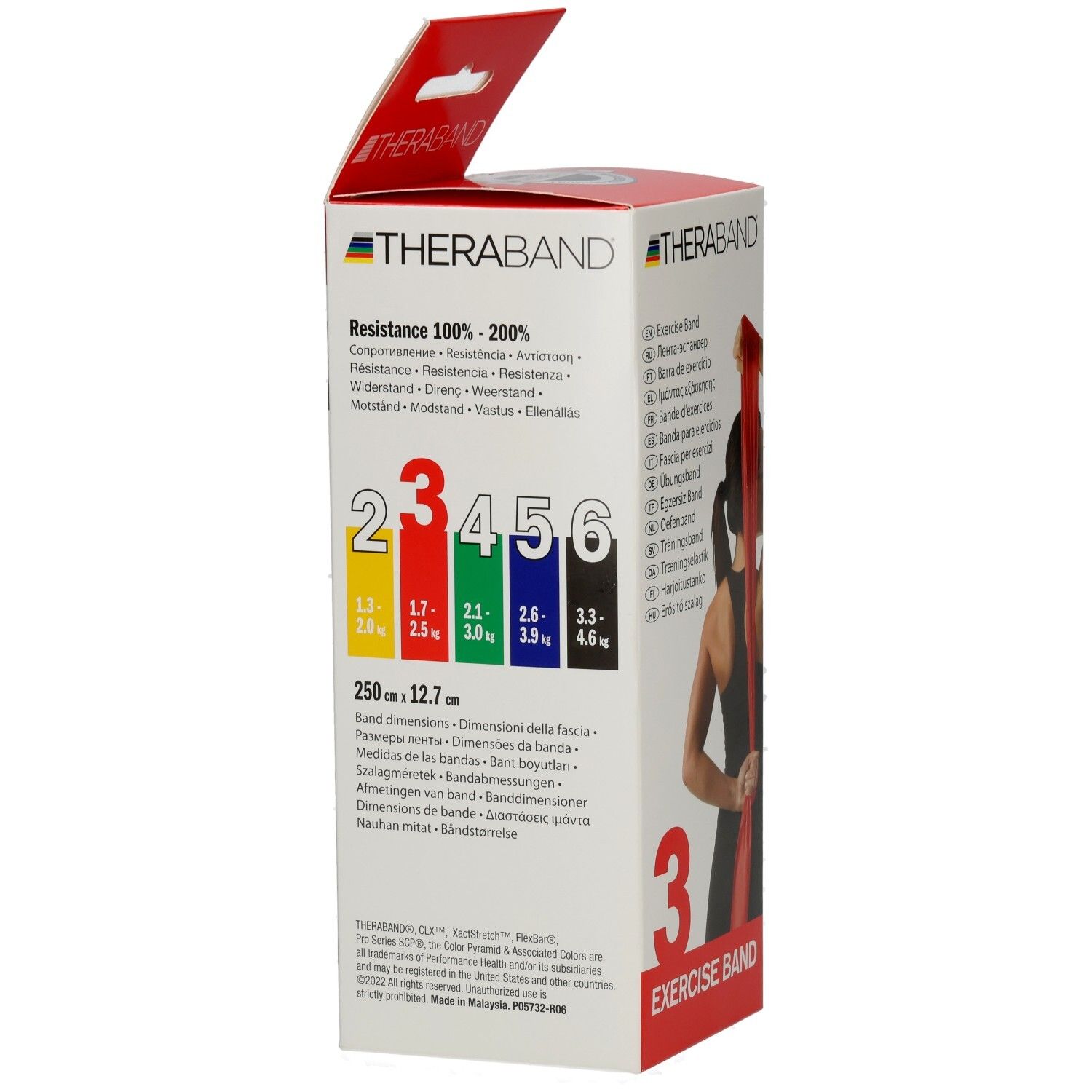 Verpackung mit Theraband. Aufdruck: Widerstand 100%-200%. Farbcodierung: 2-6. Abmessungen: 250cm x 12.7cm. Logo Theraband.