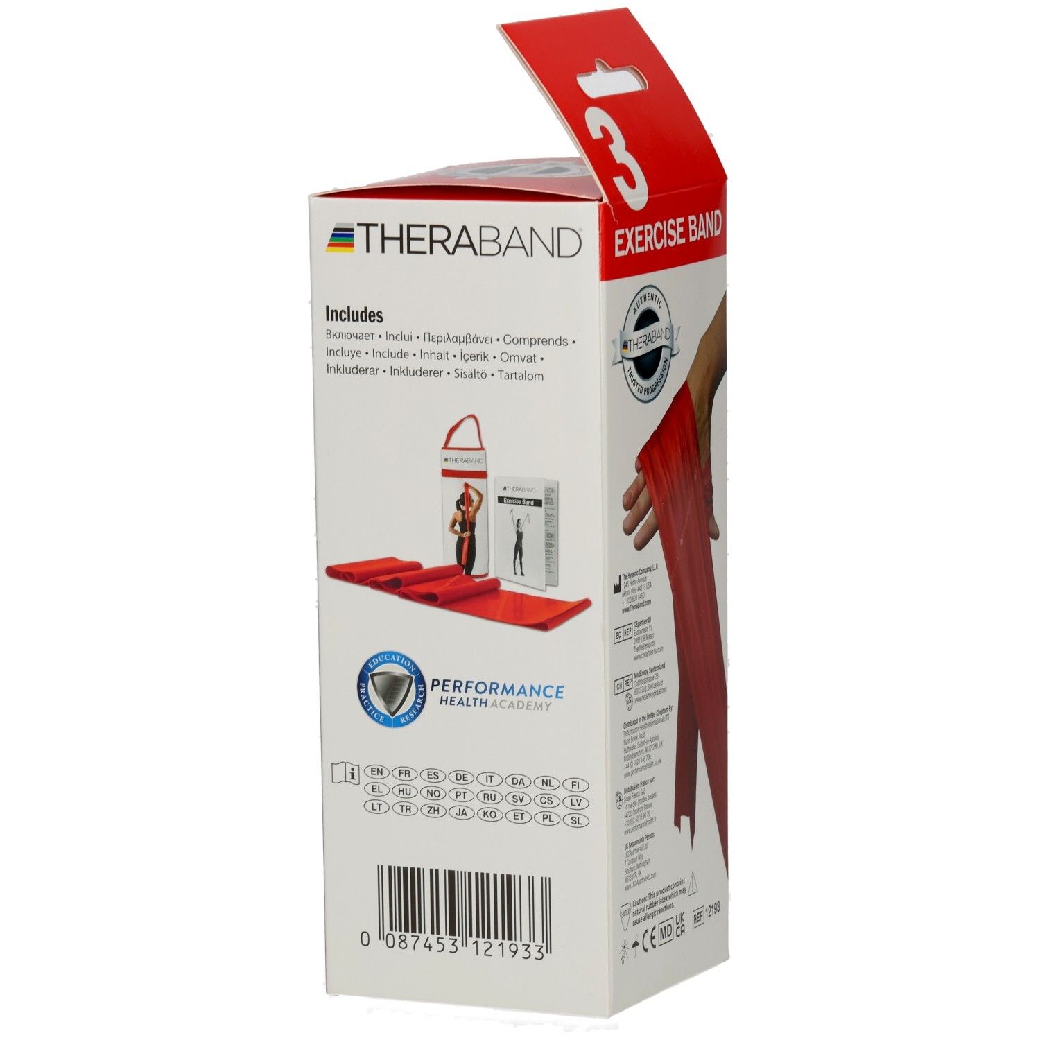Verpackung mit Theraband. Aufdruck: Exercise Band, 3. Enthält: Band, Flasche, Anleitung. Logo Theraband.