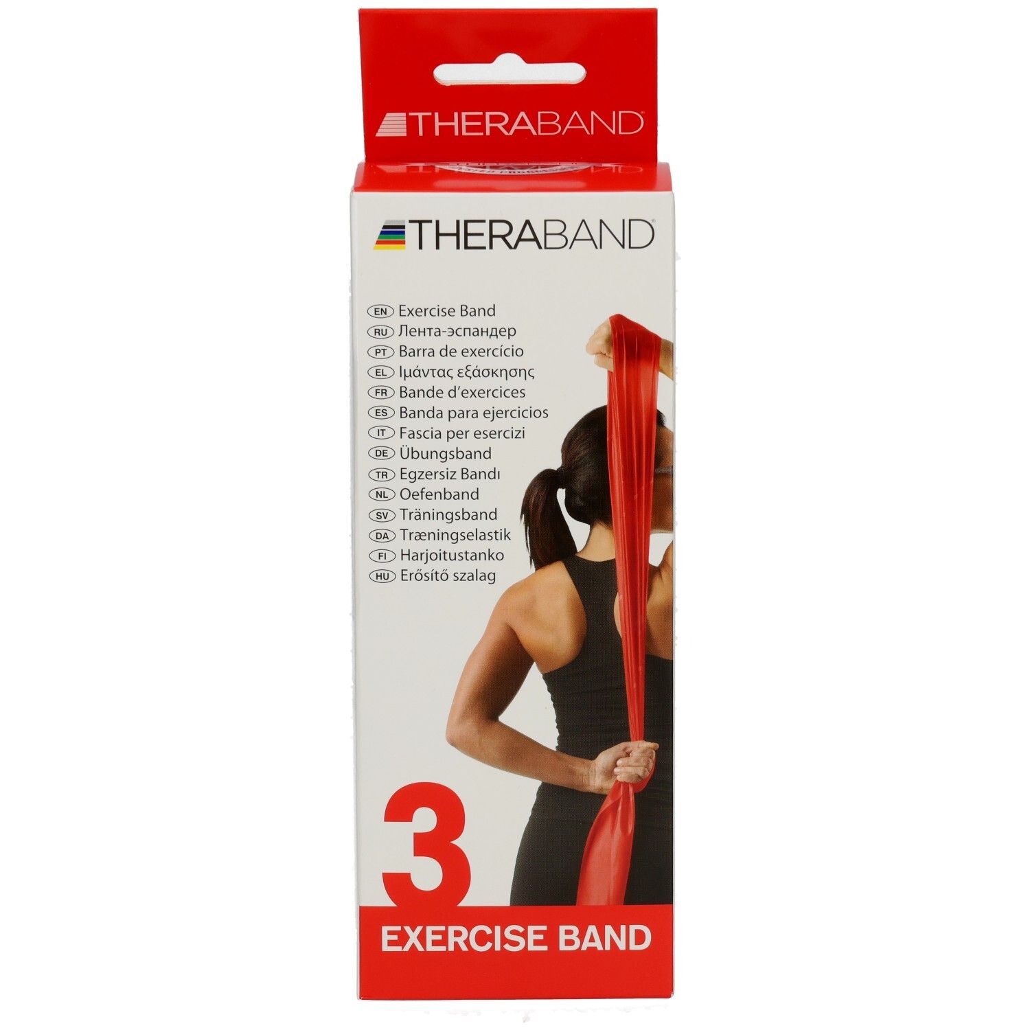Verpackung mit rotem Theraband. Aufdruck: Exercise Band, 3. Frau mit Band. Logo Theraband.