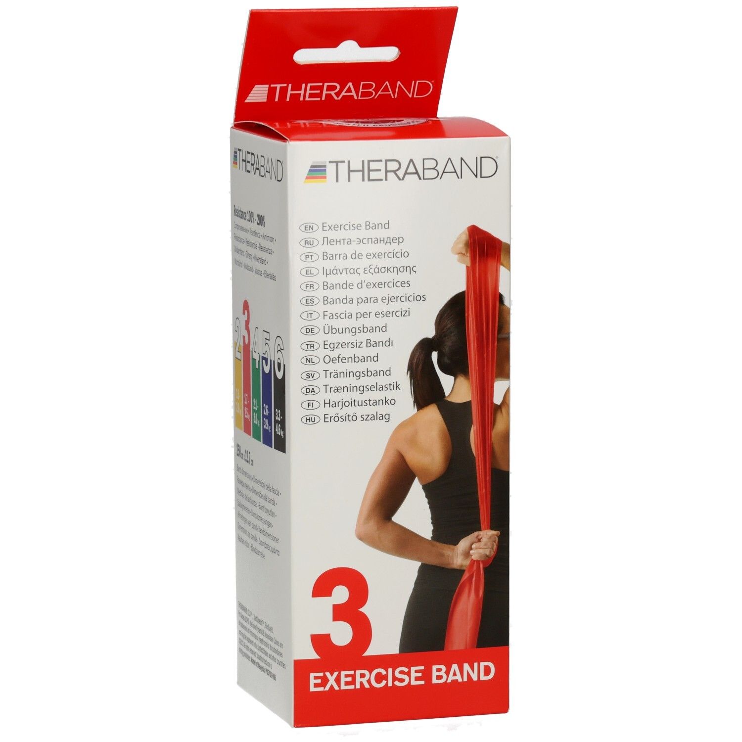 Verpackung mit Theraband. Aufdruck: Exercise Band, 3. Farbcodierung. Frau mit Band. Logo Theraband.