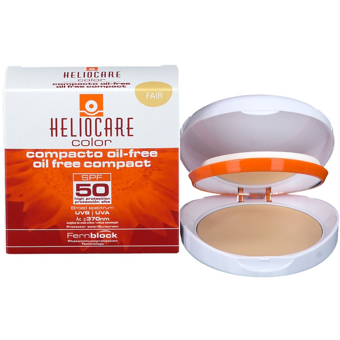 Heliocare Color Compact, geöffnet. Weiße Kompaktdose mit Schwamm und Produkt. SPF 50+.