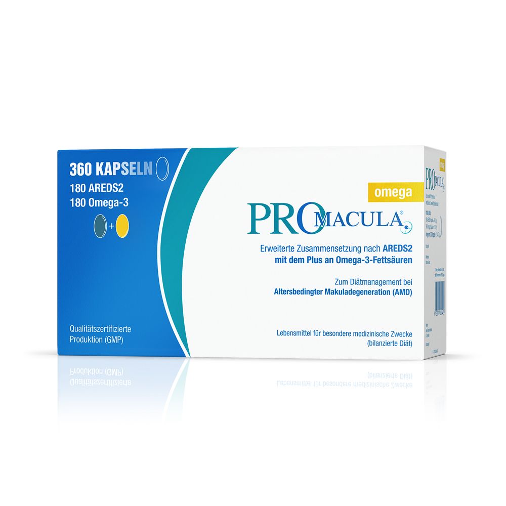 PROmacula Omega-Packung. Enthält 360 Kapseln. Blaue und weiße Verpackung mit Produktinformationen und Logo.