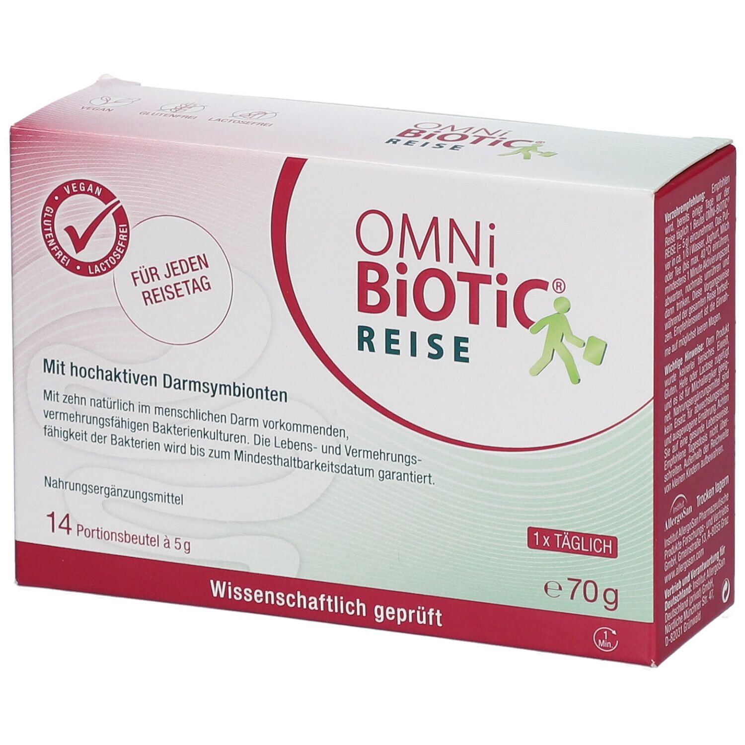 OMNi-BiOTiC® REISE-Verpackung. Weiß-rote Schachtel mit Produktnamen, Logo, und Text. 14 Portionsbeutel, vegan, glutenfrei, laktosefrei.