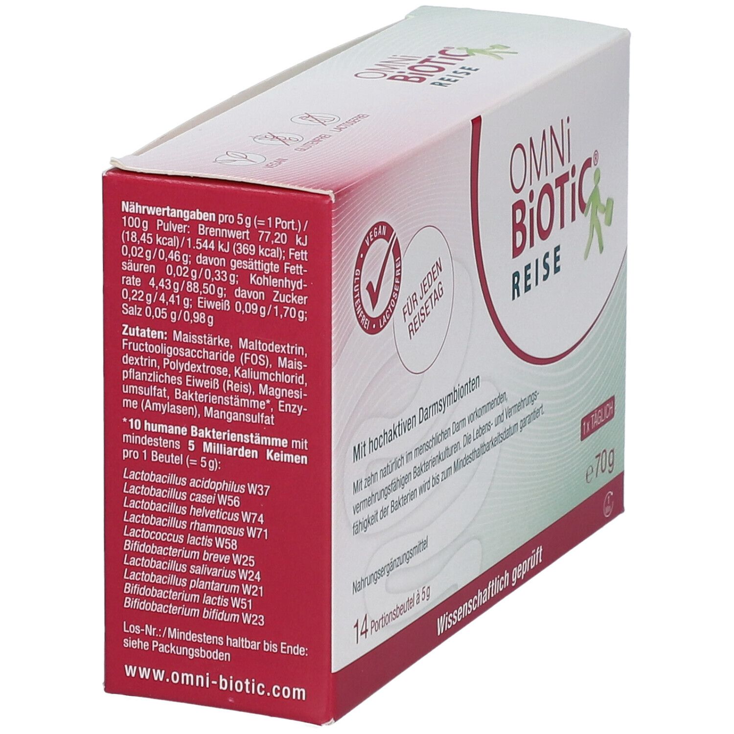 OMNi-BiOTiC® REISE-Verpackung. Detailansicht der Inhaltsstoffe und Nährwertangaben. Vegan, glutenfrei, laktosefrei. 14 Portionsbeutel.