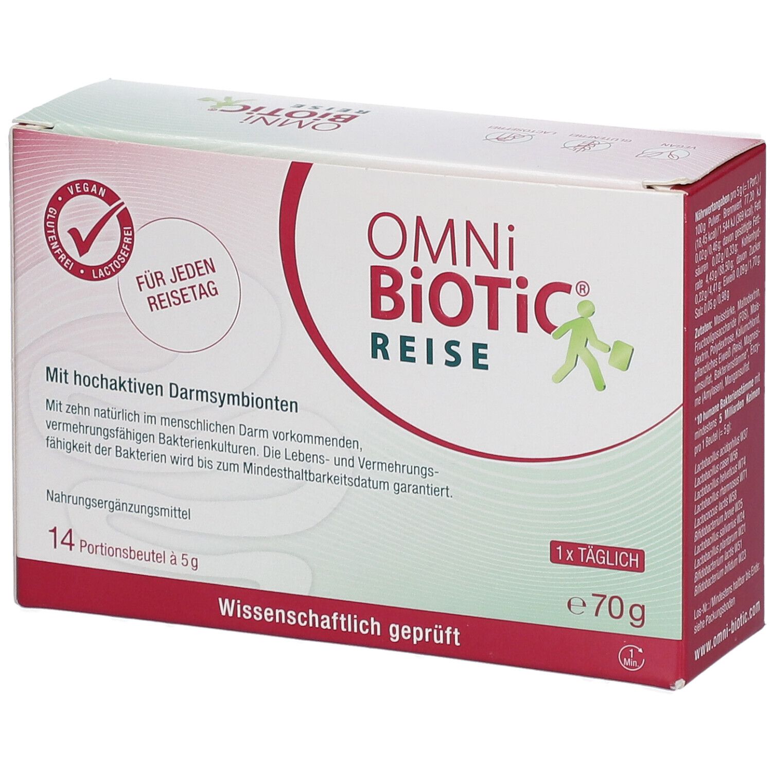 OMNi-BiOTiC® REISE-Verpackung. Weiß-rote Schachtel mit Produktnamen, Logo, und Text. 14 Portionsbeutel, vegan, glutenfrei, laktosefrei.