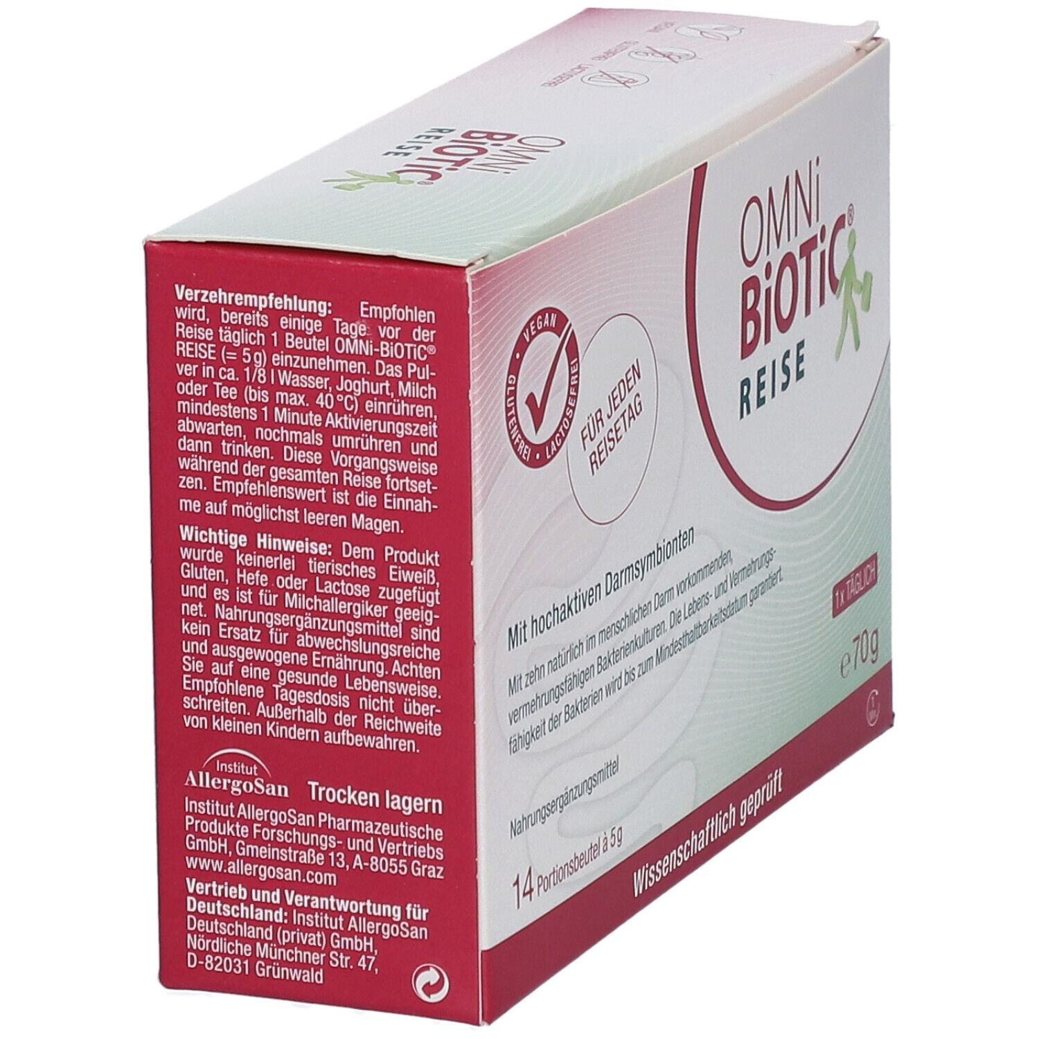 OMNi-BiOTiC® REISE-Verpackung. Detailansicht mit Anwendungshinweisen. Vegan, glutenfrei, laktosefrei. 14 Portionsbeutel.