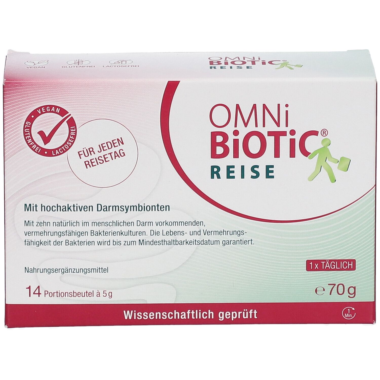 OMNi-BiOTiC® REISE-Verpackung. Weiß-rote Schachtel mit Produktnamen, Logo, und Text. 14 Portionsbeutel, vegan, glutenfrei, laktosefrei.