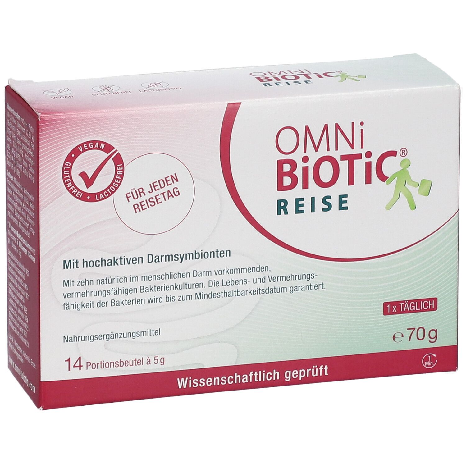 OMNi-BiOTiC® REISE-Verpackung. Weiß-rote Schachtel mit Produktnamen, Logo, und Text. 14 Portionsbeutel, vegan, glutenfrei, laktosefrei.