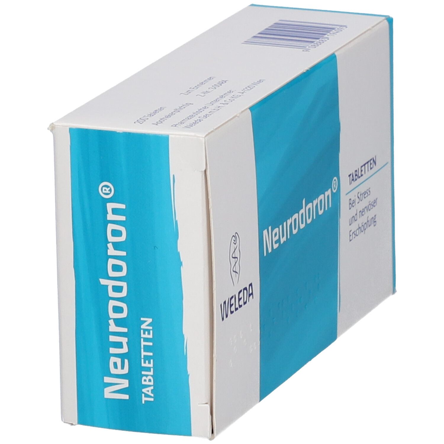 Neurodoron Tabletten-Packung von Weleda. Weiß-blaues Design. Aufschrift: Bei Stress und nervöser Erschöpfung.