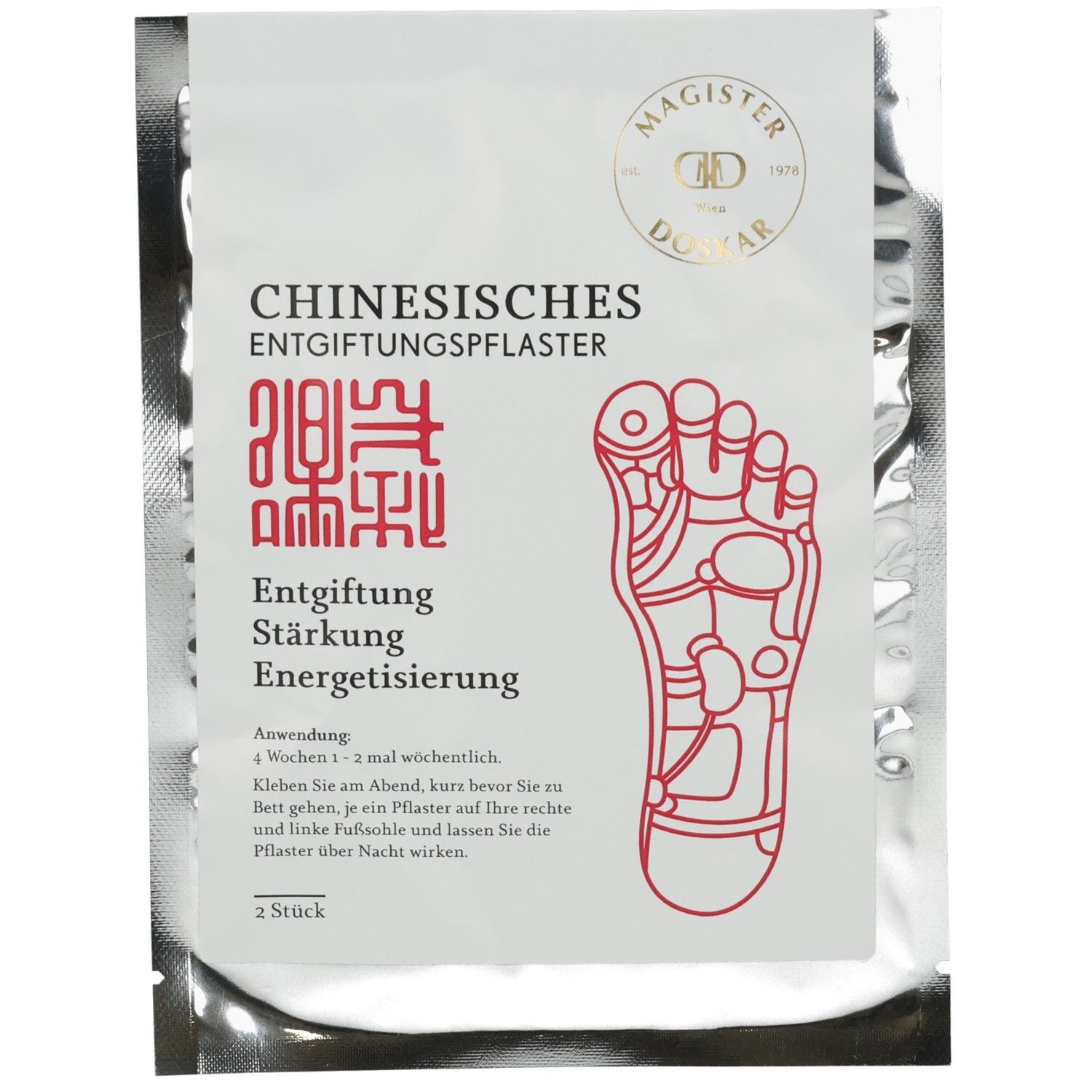 Weiße Verpackung mit Produktnamen und Fuß-Illustration. Enthält zwei Pflaster. Text: Entgiftung, Stärkung, Energetisierung.