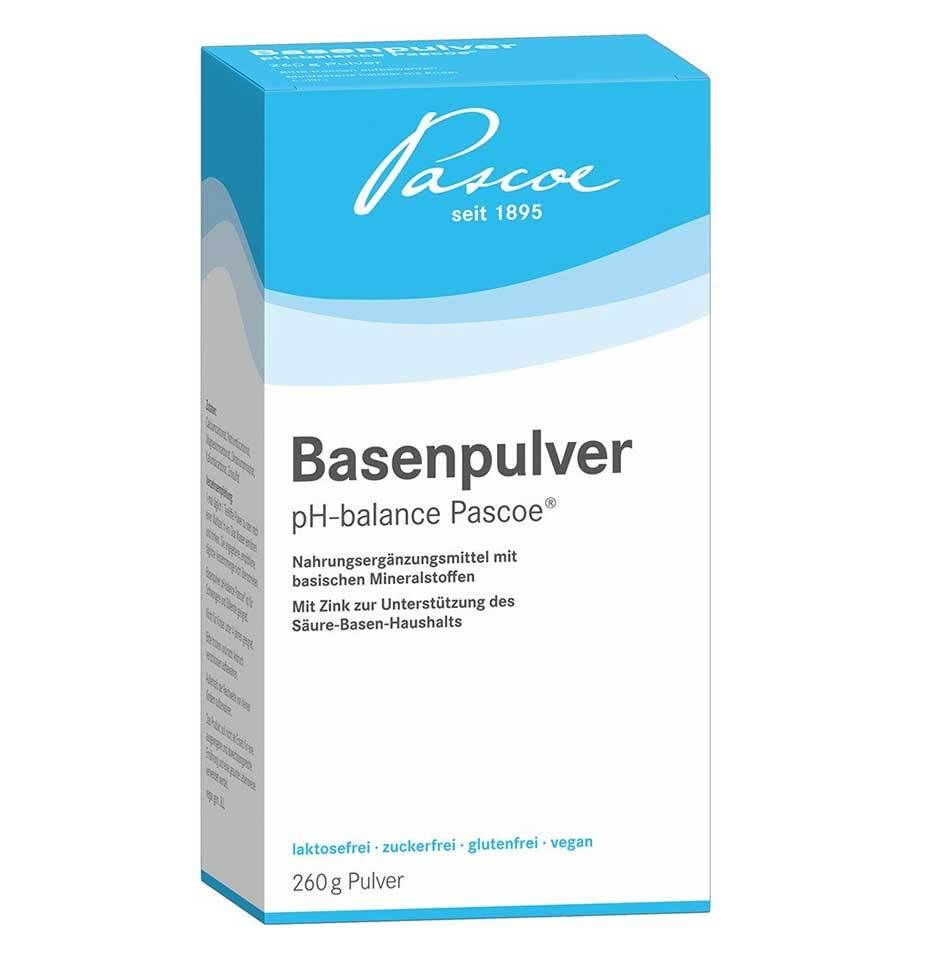Weißer Karton mit blauem Deckel. Aufschrift: Basenpulver pH-balance Pascoe®. Zusatz: 260 g Pulver. Logo: Pascoe.