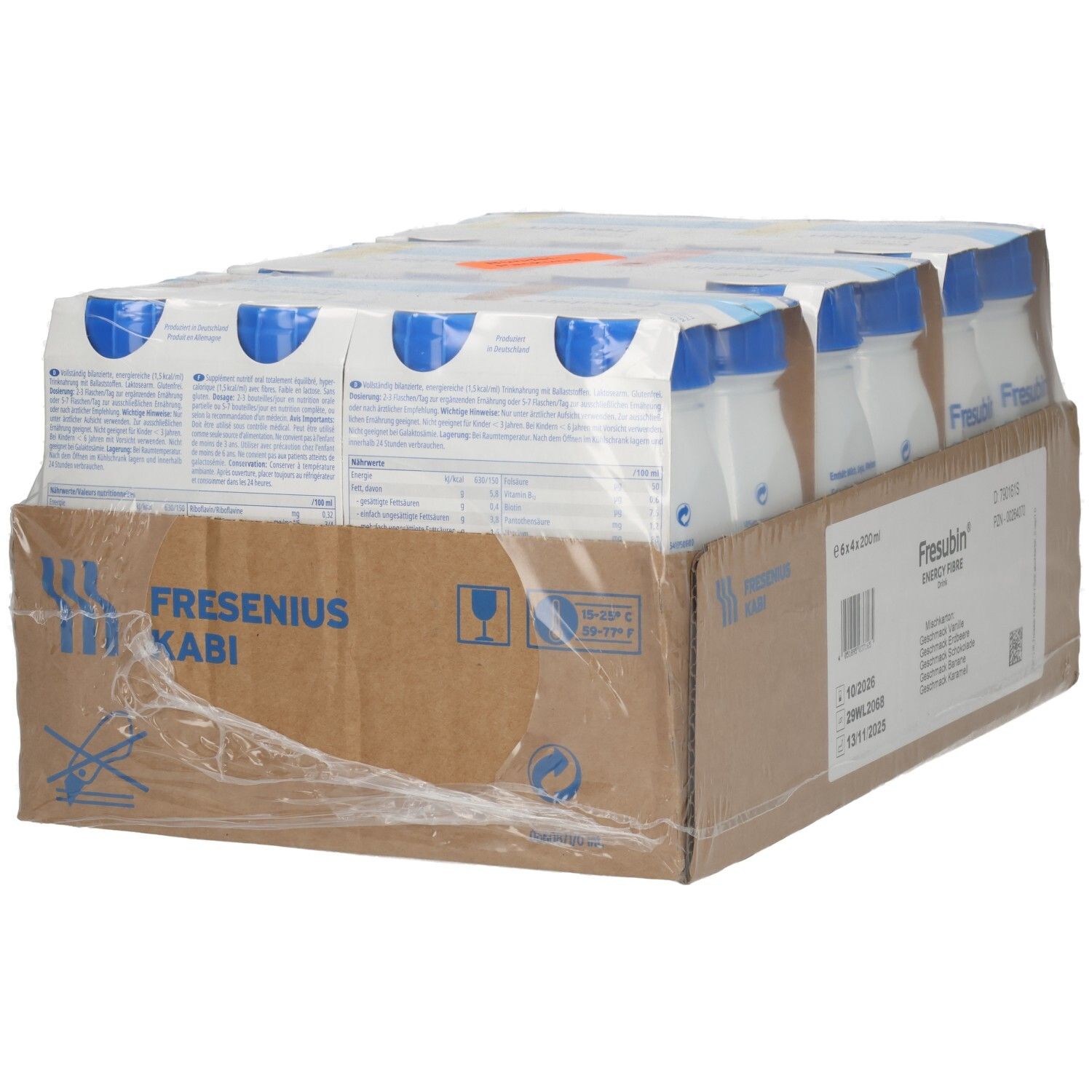 Rückseite der Verpackung mit 24 Fresubin Energy Fibre Trinkflaschen, 4x6er-Trays.